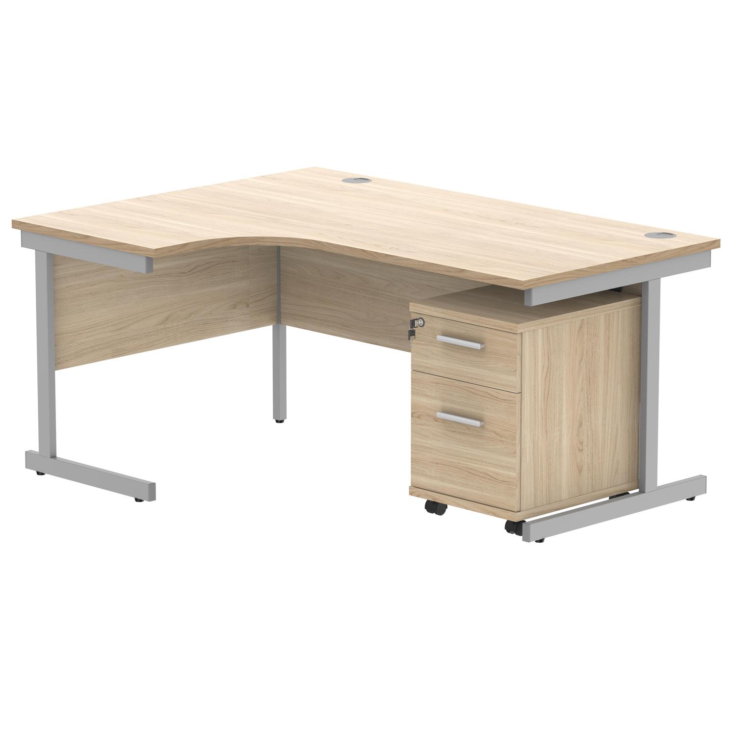 Single Upright Left Hand Radial Desk + 2 Drawer Mobile Under Desk Pedestal  1600 X 1200 Canadian Oak/Silver