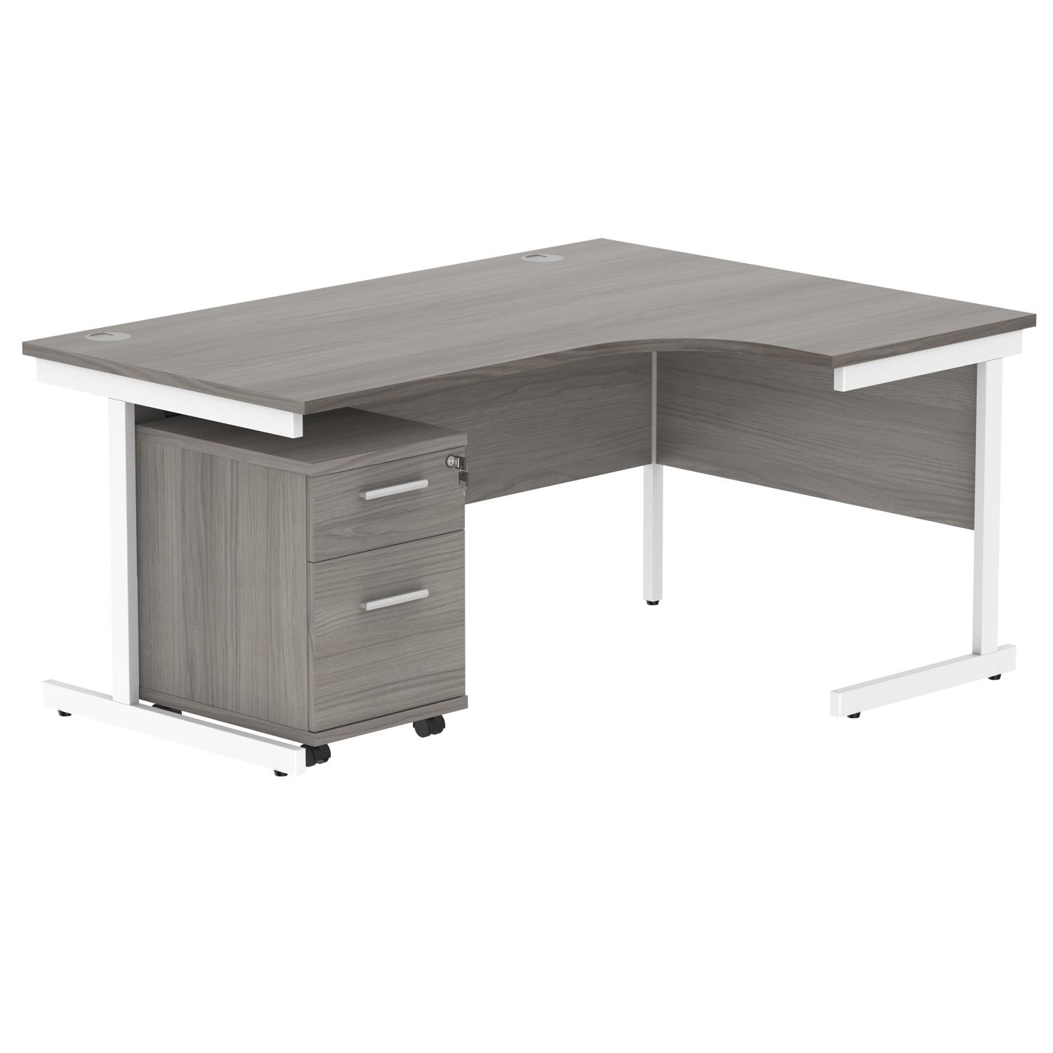 Single Upright Right Hand Radial Desk + 2 Drawer Mobile Under Desk Pedestal  1600 X 1200 Alaskan Grey Oak/White