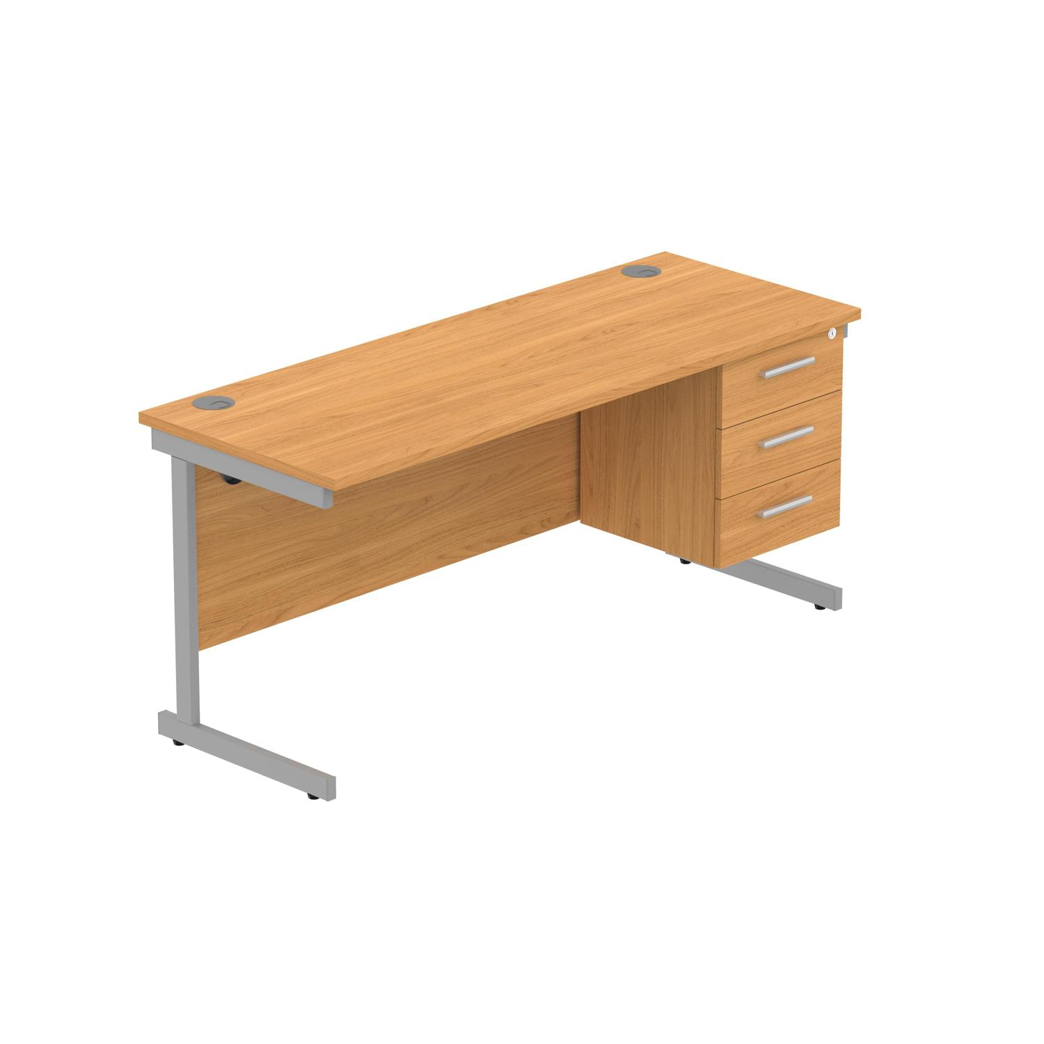 Office Rectangular Desk with Steel Single Upright Cantilever Legs + 3 Drawer Fixed Pedestal  1600X600 Norwegian Beech/Silver