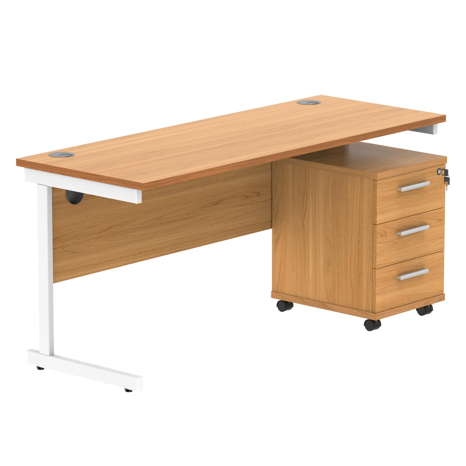 Single Upright Rectangular Desk + 3 Drawer Mobile Under Desk Pedestal  1600 X 600 Norwegian Beech/White