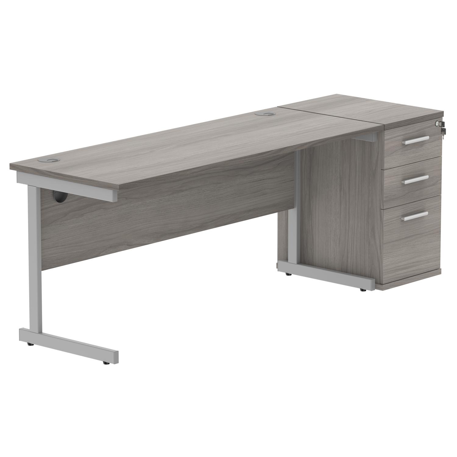 Single Upright Rectangular Desk + Desk High Pedestal  1600 X 600 Alaskan Grey Oak/Silver