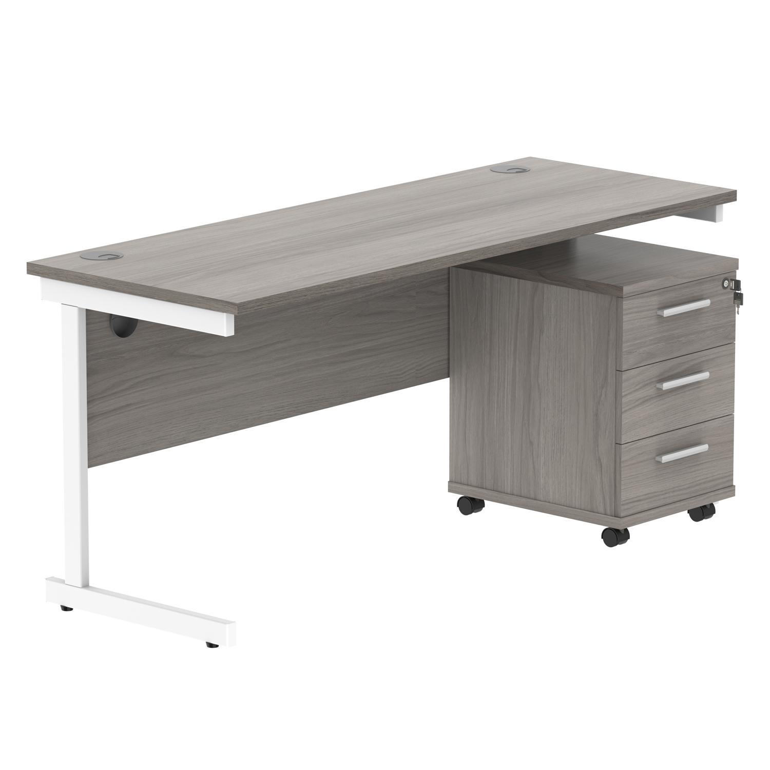 Single Upright Rectangular Desk + 3 Drawer Mobile Under Desk Pedestal  1600 X 600 Alaskan Grey Oak/White