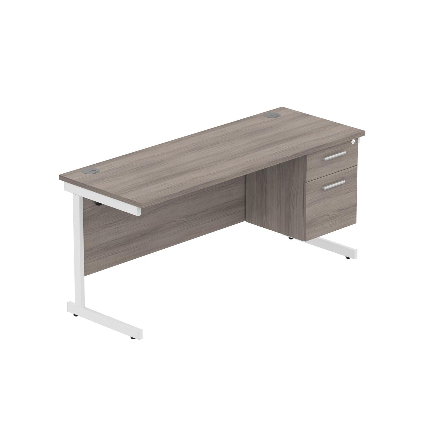 Office Rectangular Desk with Steel Single Upright Cantilever Legs + 2 Drawer Fixed Pedestal  1600X600 Alaskan Grey Oak/White