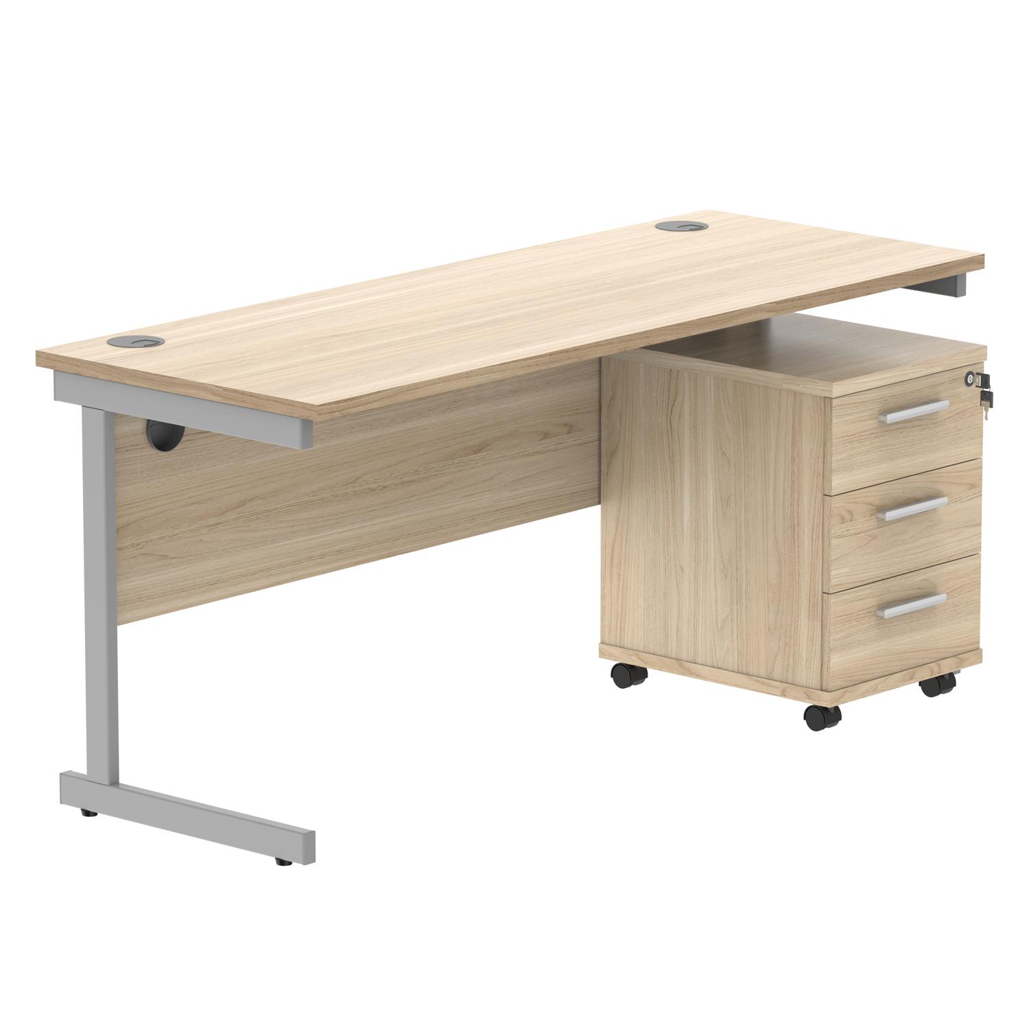 Single Upright Rectangular Desk + 3 Drawer Mobile Under Desk Pedestal  1600 X 600 Canadian Oak/Silver