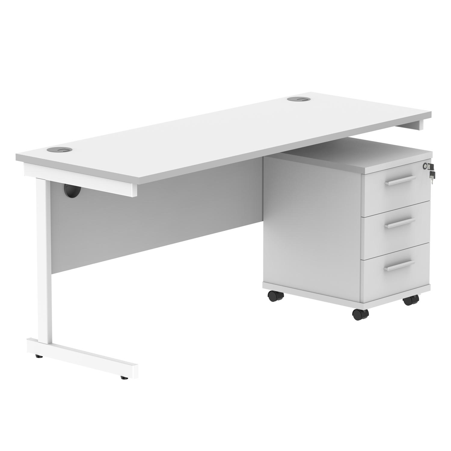 Single Upright Rectangular Desk + 3 Drawer Mobile Under Desk Pedestal  1600 X 600 Arctic White/White