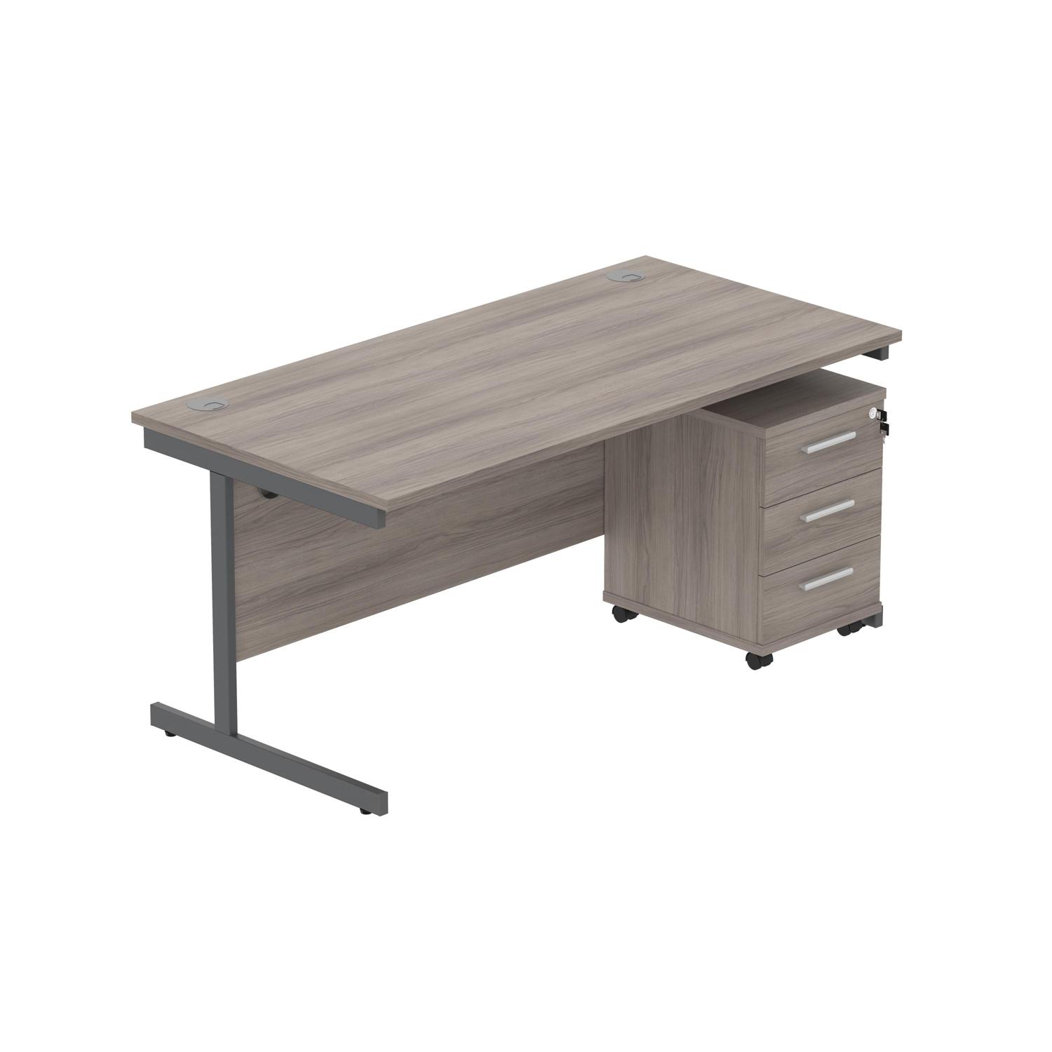 Single Upright Rectangular Desk + 3 Drawer Mobile Under Desk Pedestal  1600 X 800 Alaskan Grey Oak/Graphite