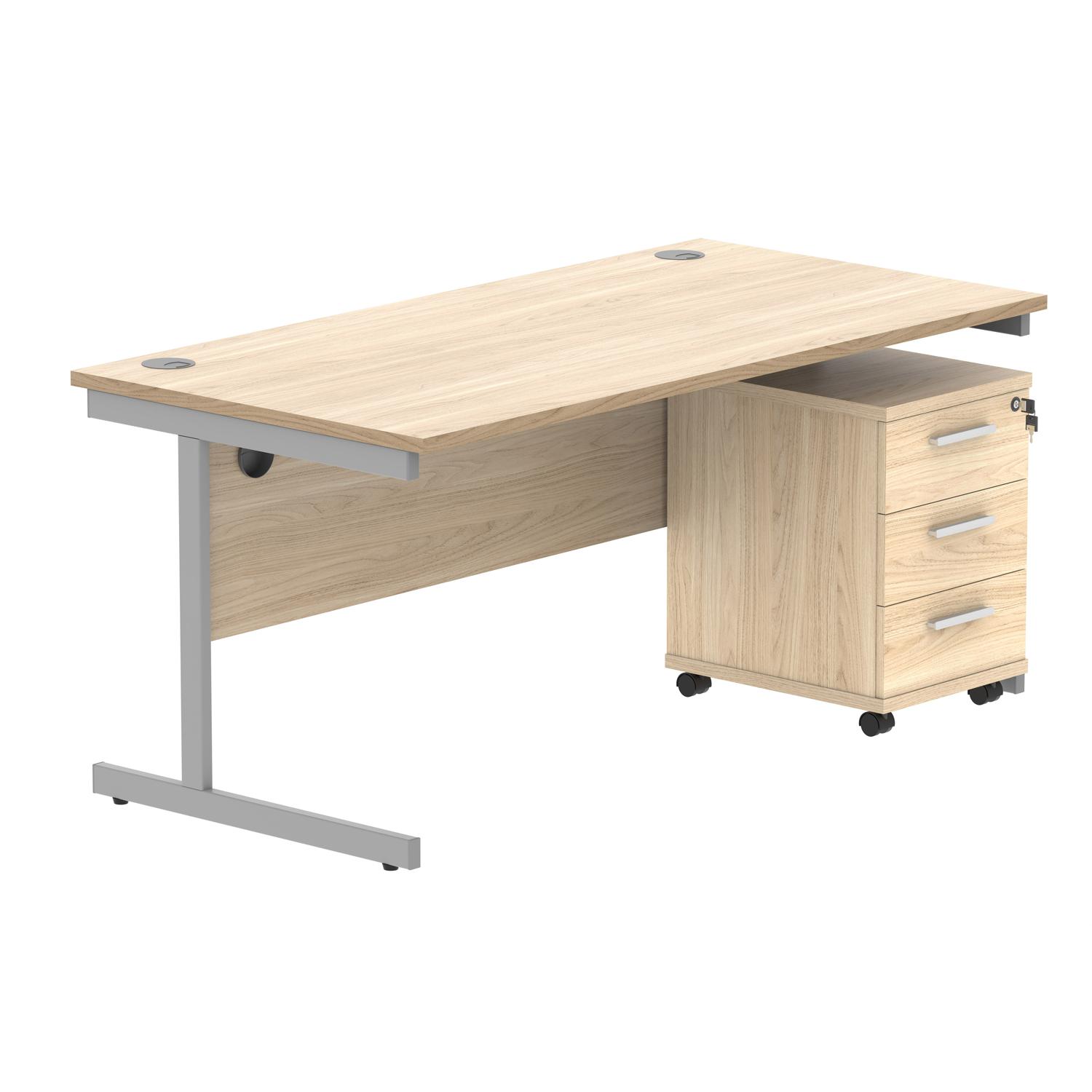 Single Upright Rectangular Desk + 3 Drawer Mobile Under Desk Pedestal  1600 X 800 Canadian Oak/Silver