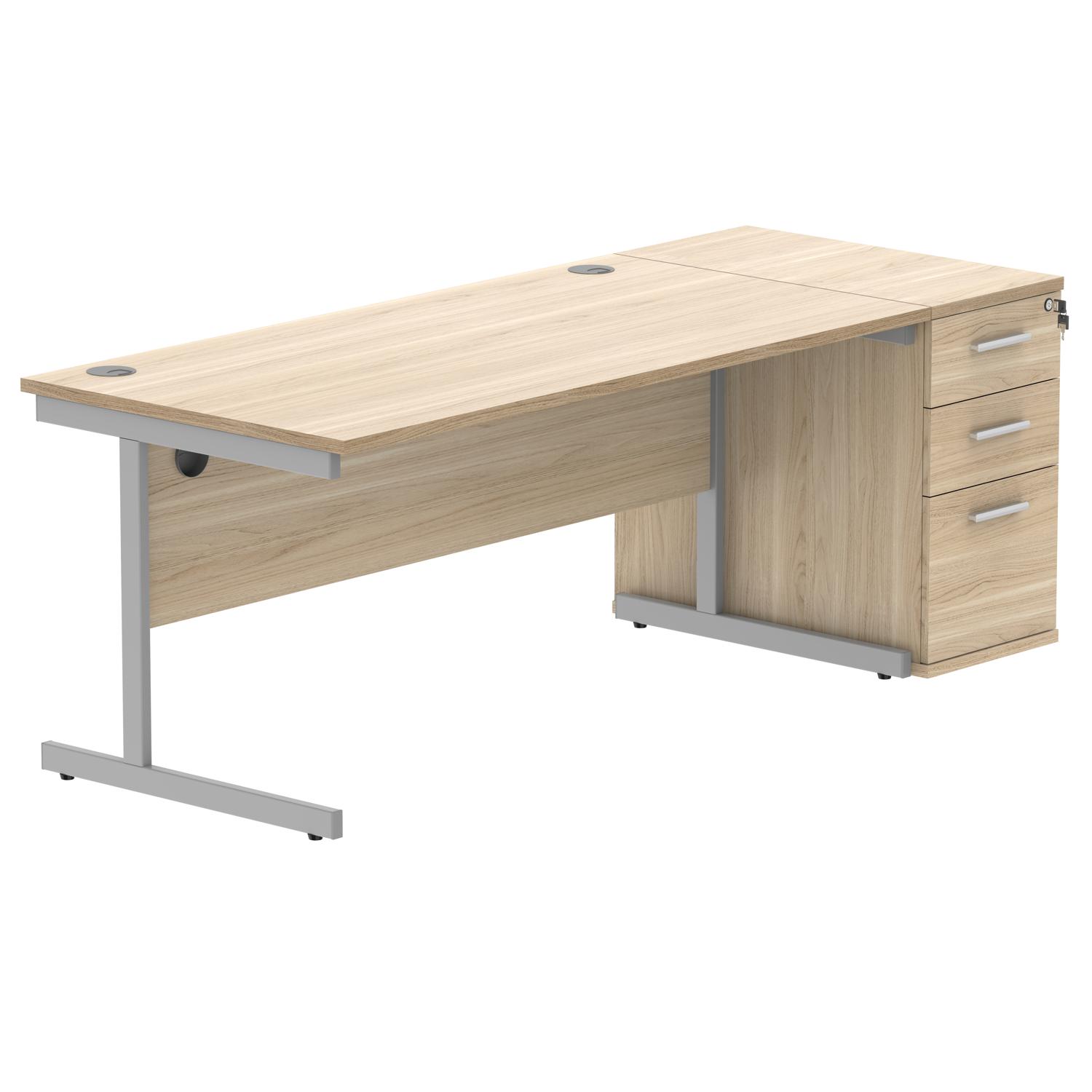 Single Upright Rectangular Desk + Desk High Pedestal  1600 X 800 Canadian Oak/Silver