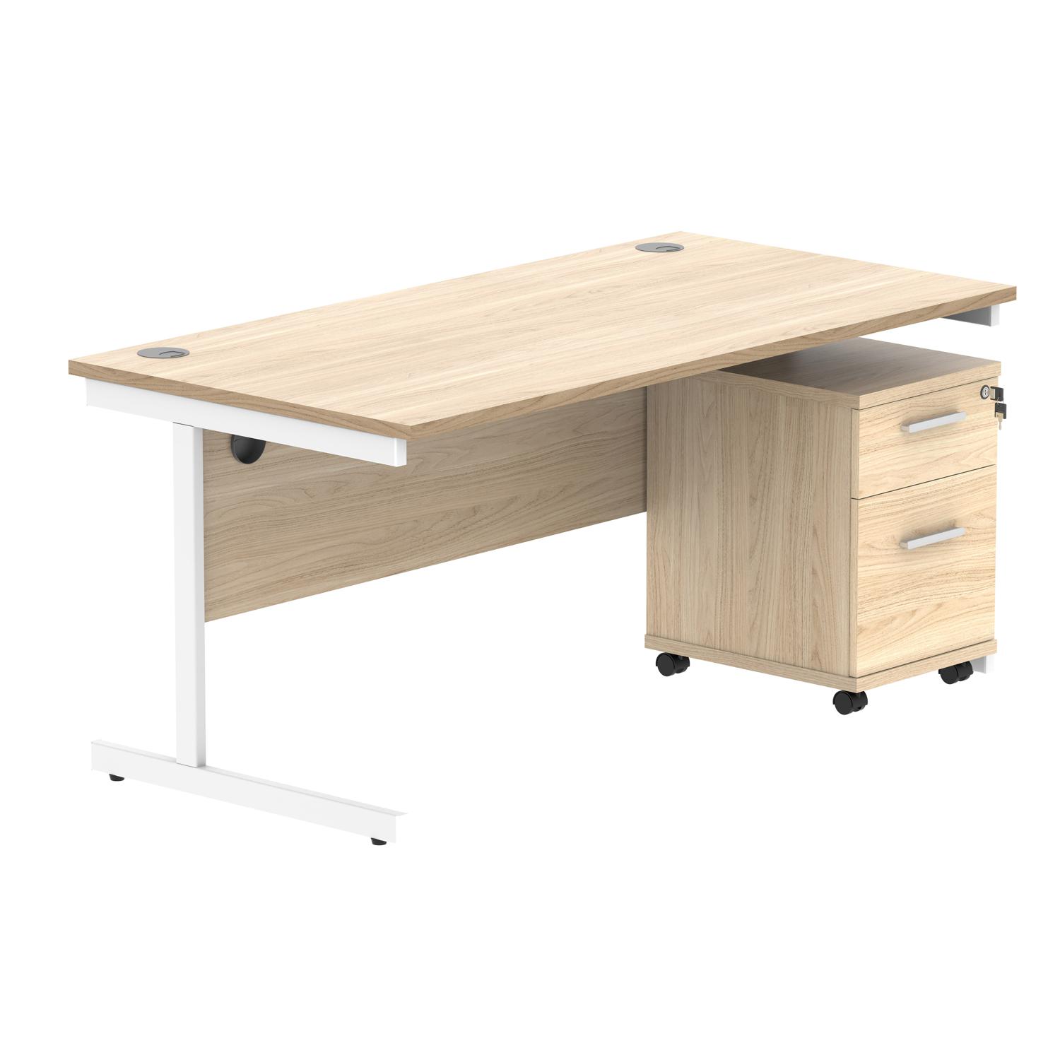 Single Upright Rectangular Desk + 2 Drawer Mobile Under Desk Pedestal  1600 X 800 Canadian Oak/White