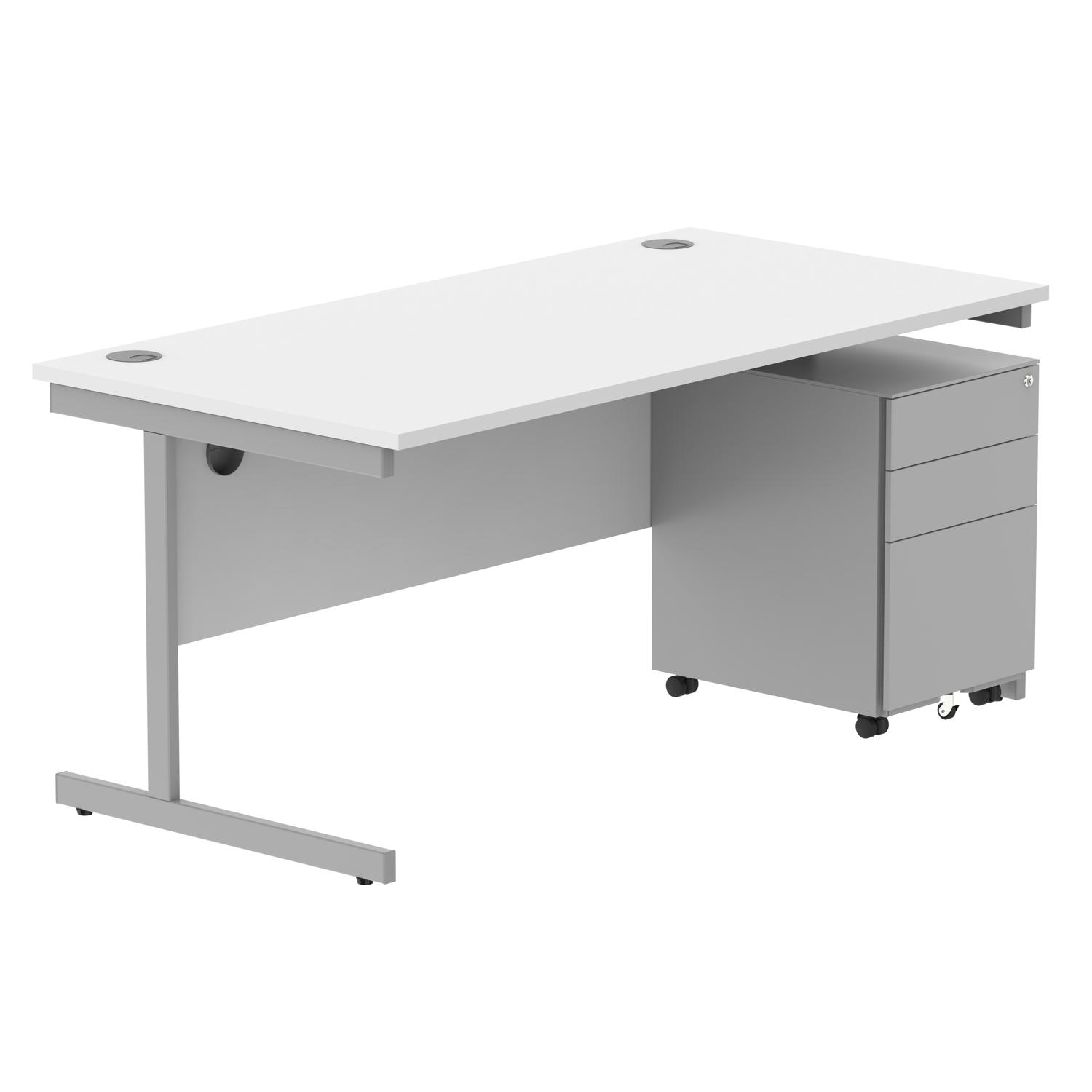 CORE Single Upright Rectangular Desk + Under Desk Steel Pedestal 3 Drawers  1600 X 800 Arctic White/Silver