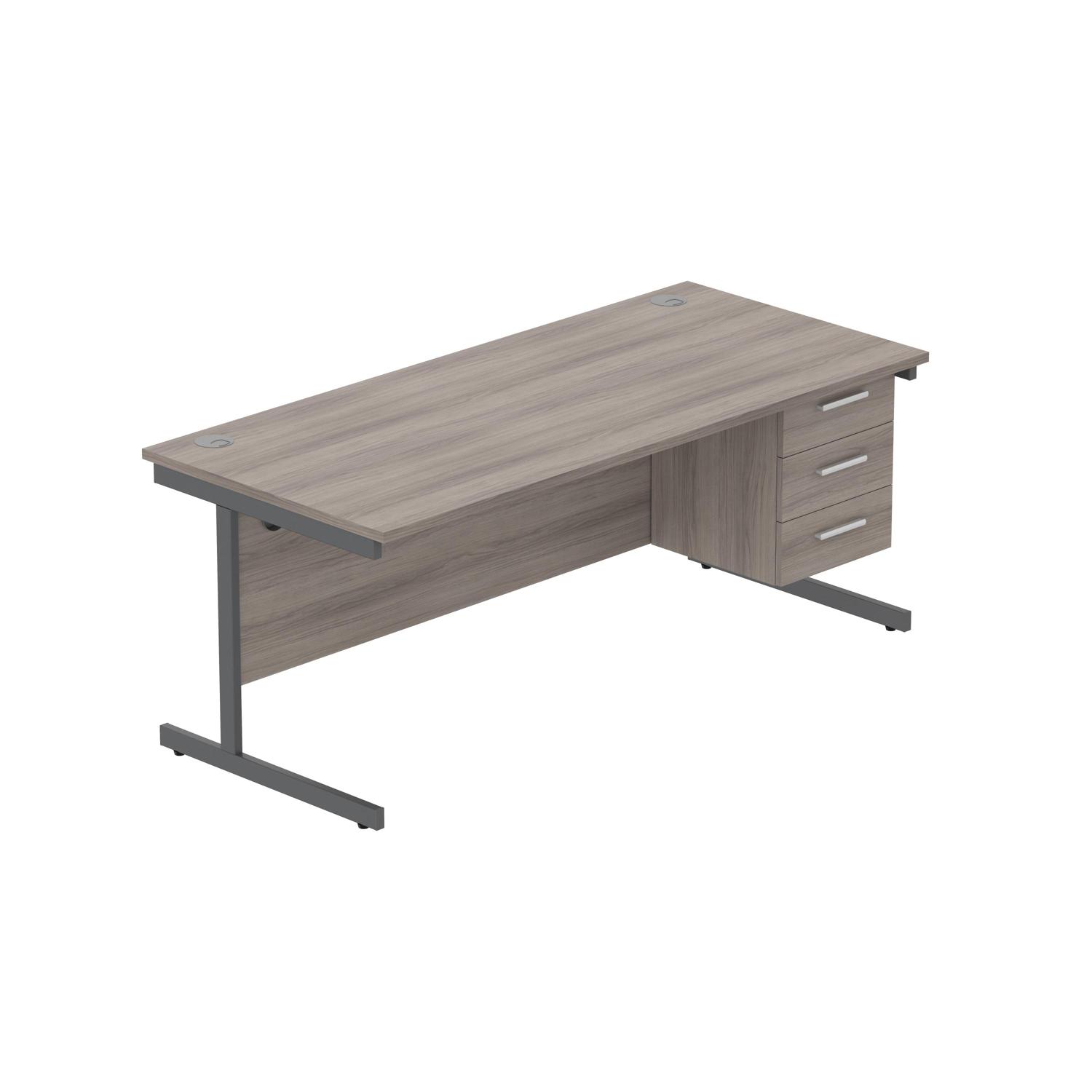 Office Rectangular Desk with Steel Single Upright Cantilever Legs + 3 Drawer Fixed Pedestal  1800X800 Alaskan Grey Oak/Graphite