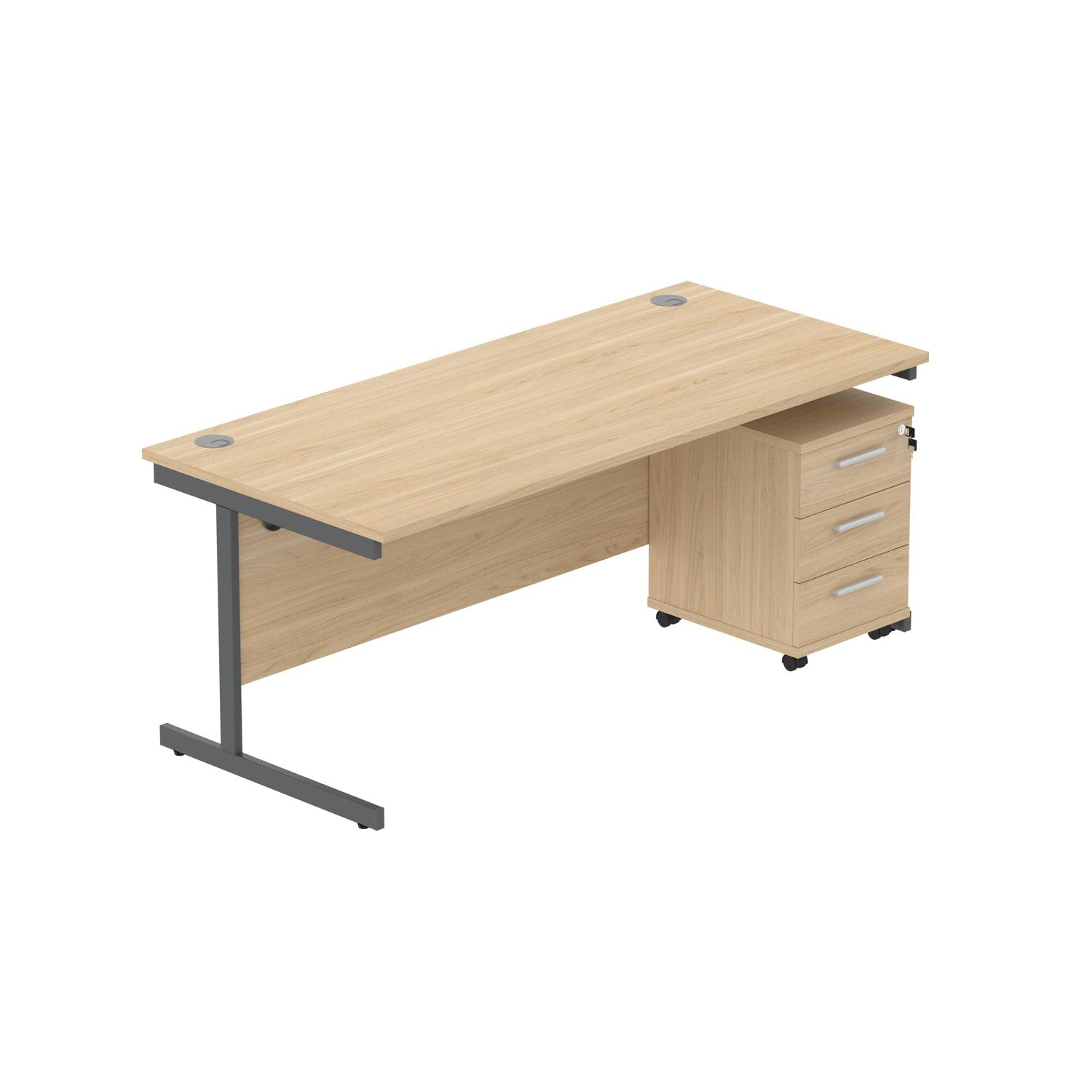 Single Upright Rectangular Desk + 3 Drawer Mobile Under Desk Pedestal  1800 X 800 Canadian Oak/Graphite