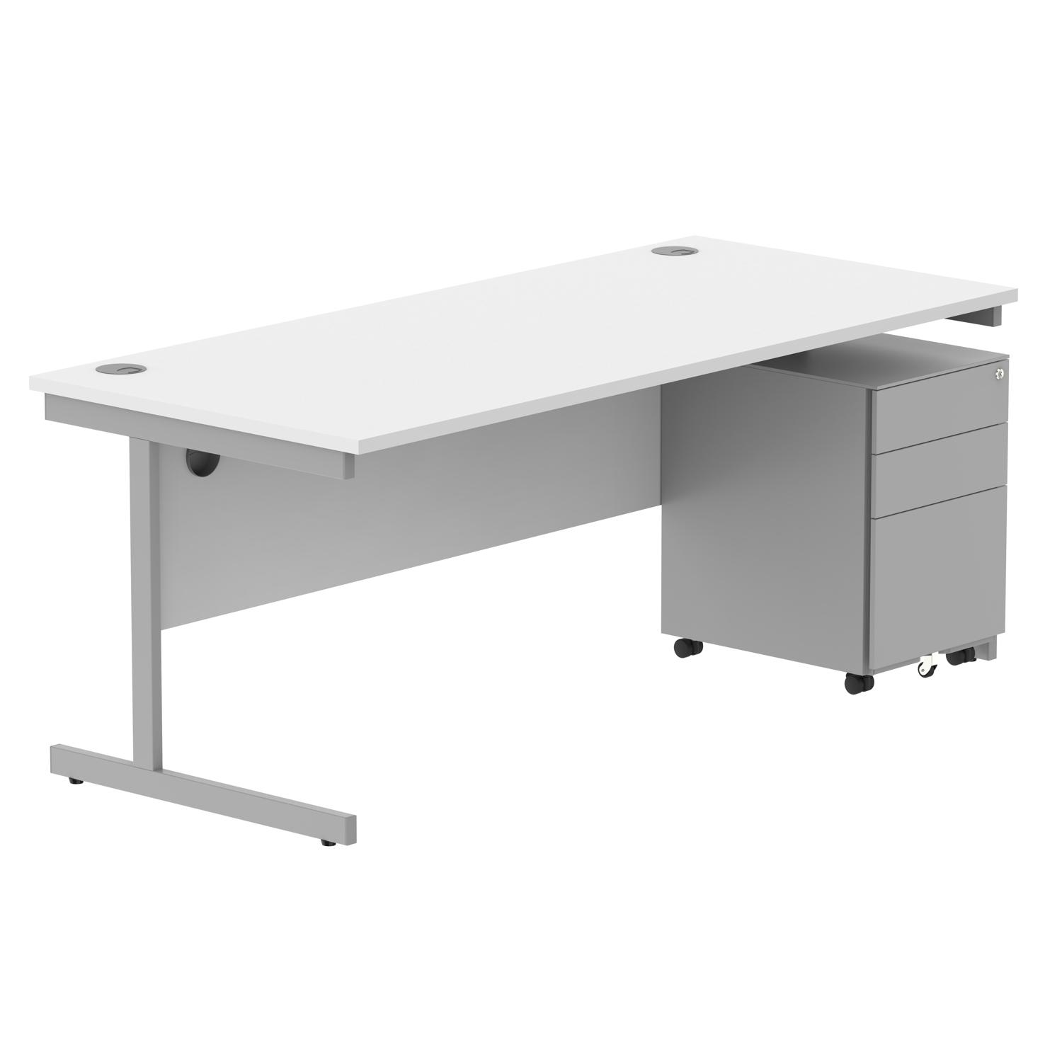 CORE Single Upright Rectangular Desk + Under Desk Steel Pedestal 3 Drawers  1800 X 800 Arctic White/Silver
