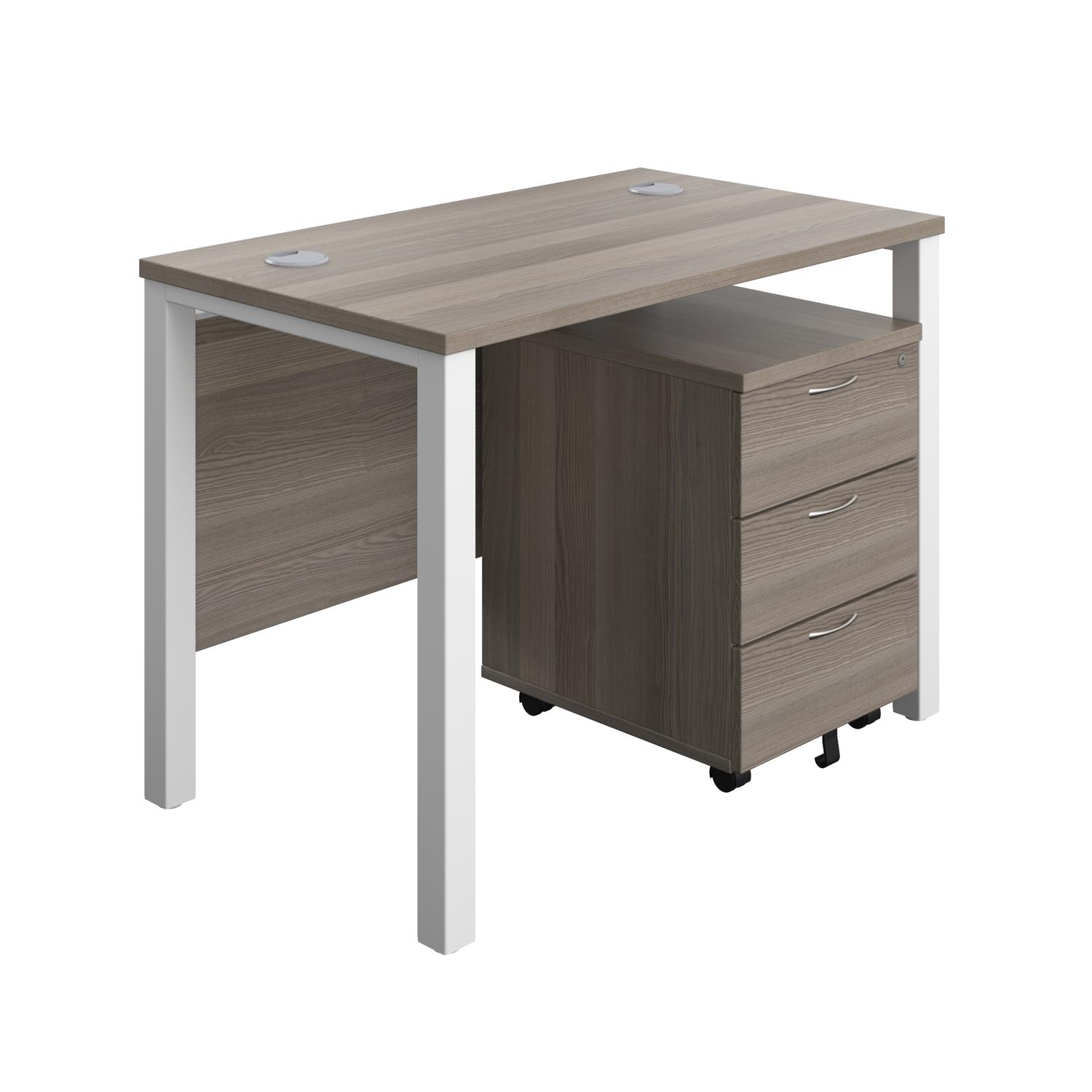 Goal Post Rectangular Desk + 3 Drawer Mobile Pedestal  1000x600 Grey oak/White