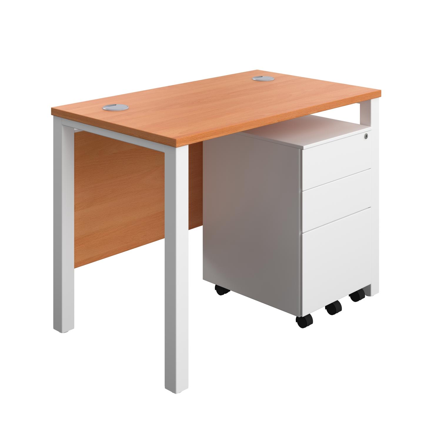 Goal Post Rectangular Desk + 3 Drawer Steel Pedestal  1000x600 Beech/White