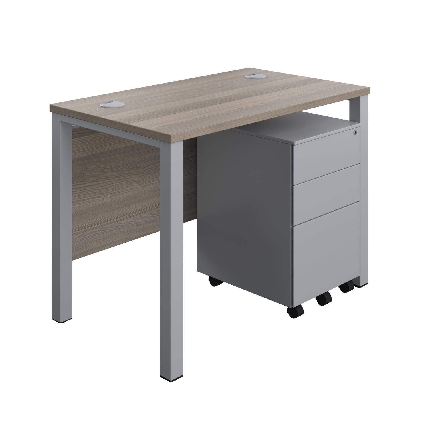 Goal Post Rectangular Desk + 3 Drawer Steel Pedestal  1000x600 Grey oak/Silver