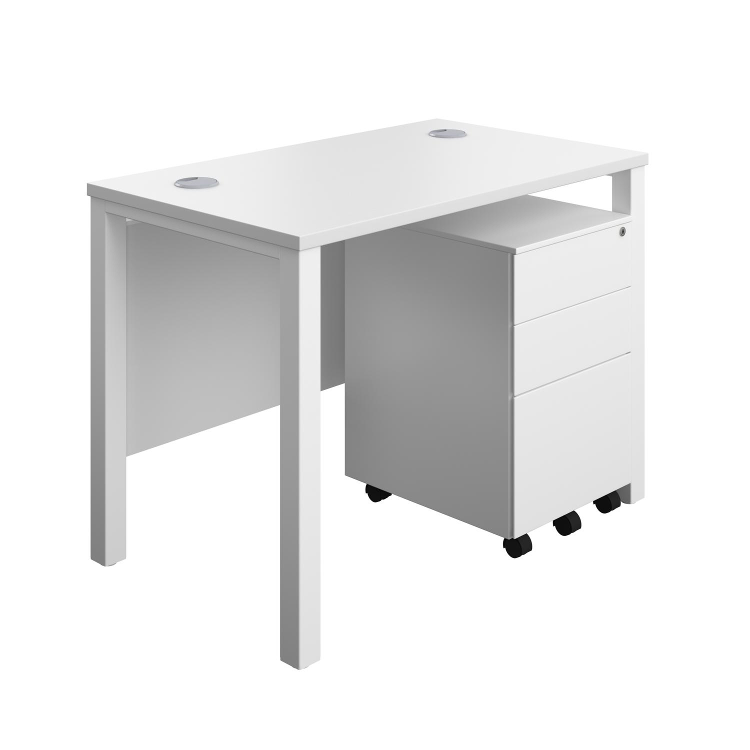 Goal Post Rectangular Desk + 3 Drawer Steel Pedestal  1000x600 White/White
