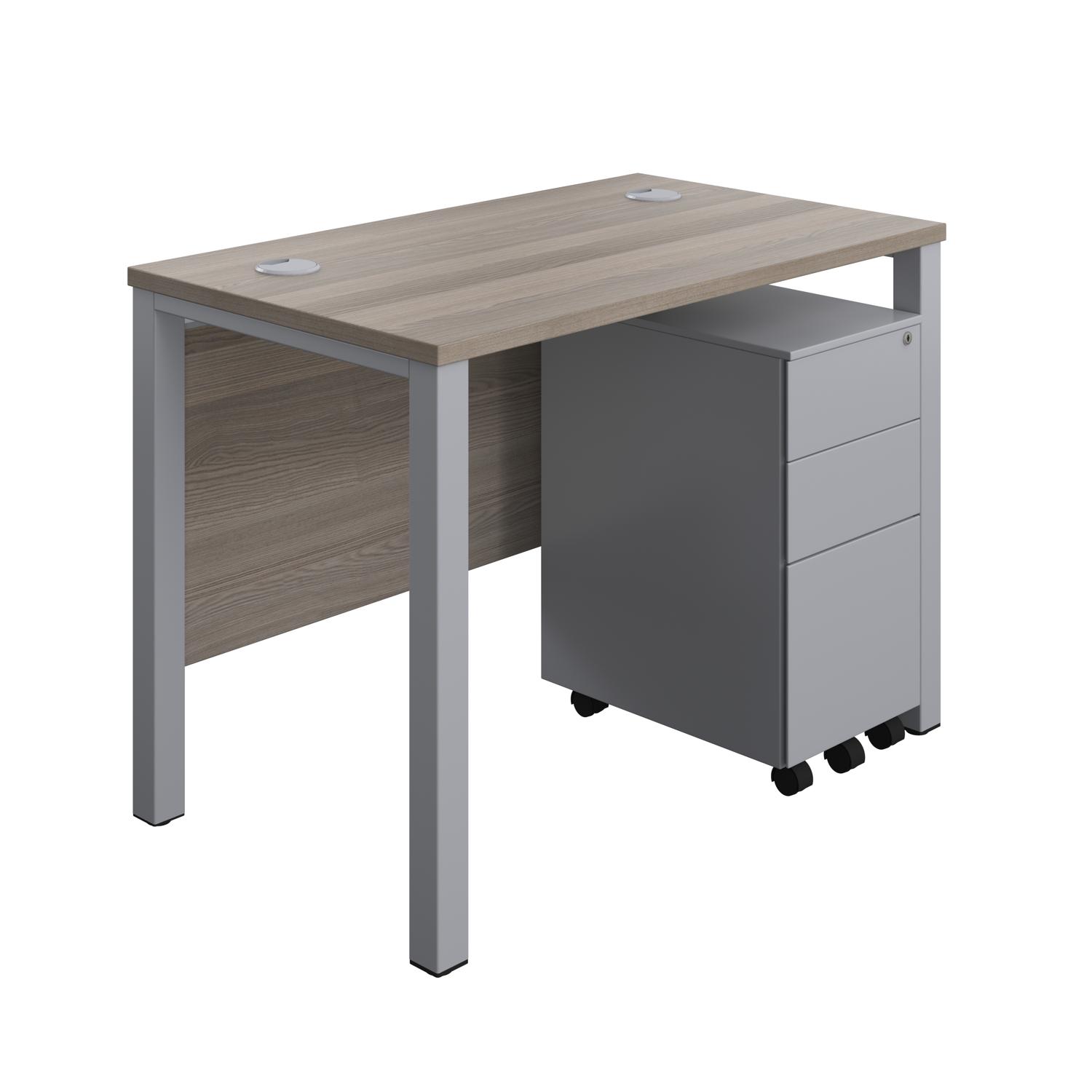 Goal Post Rectangular Desk + 3 Drawer Slimline Steel Pedestal  1000x600 Grey oak/Silver