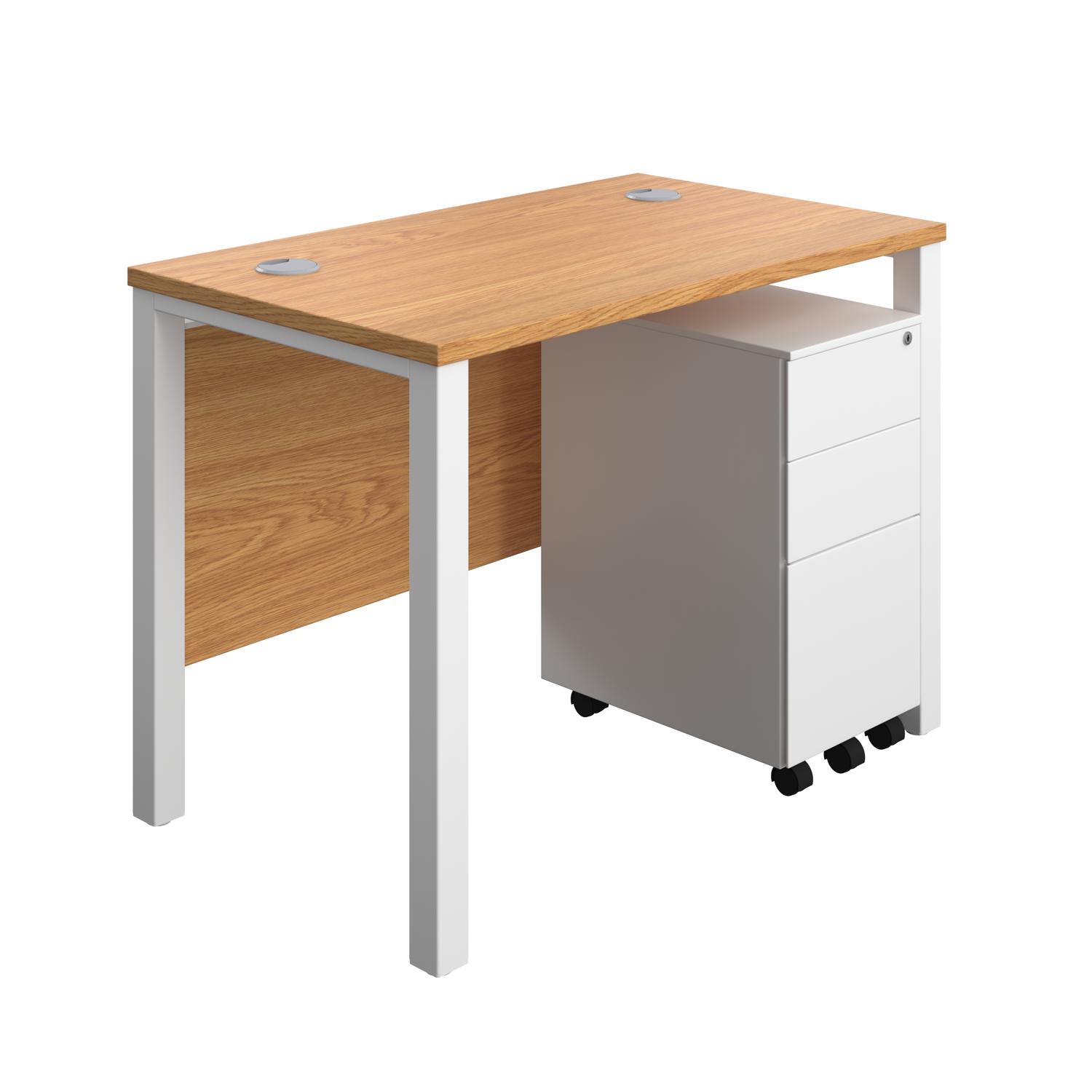 Goal Post Rectangular Desk + 3 Drawer Slimline Steel Pedestal  1000x600 Nova oak/White