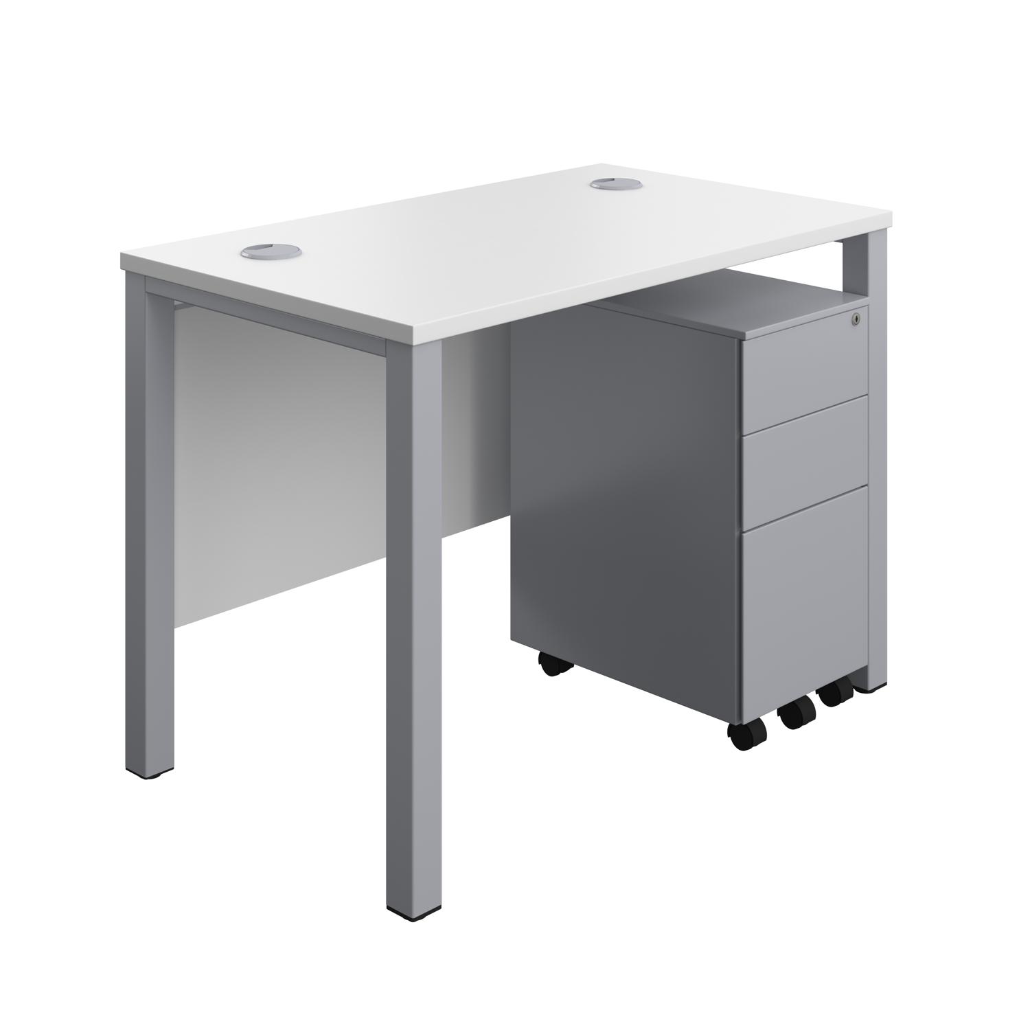 Goal Post Rectangular Desk + 3 Drawer Slimline Steel Pedestal  1000x600 White/Silver