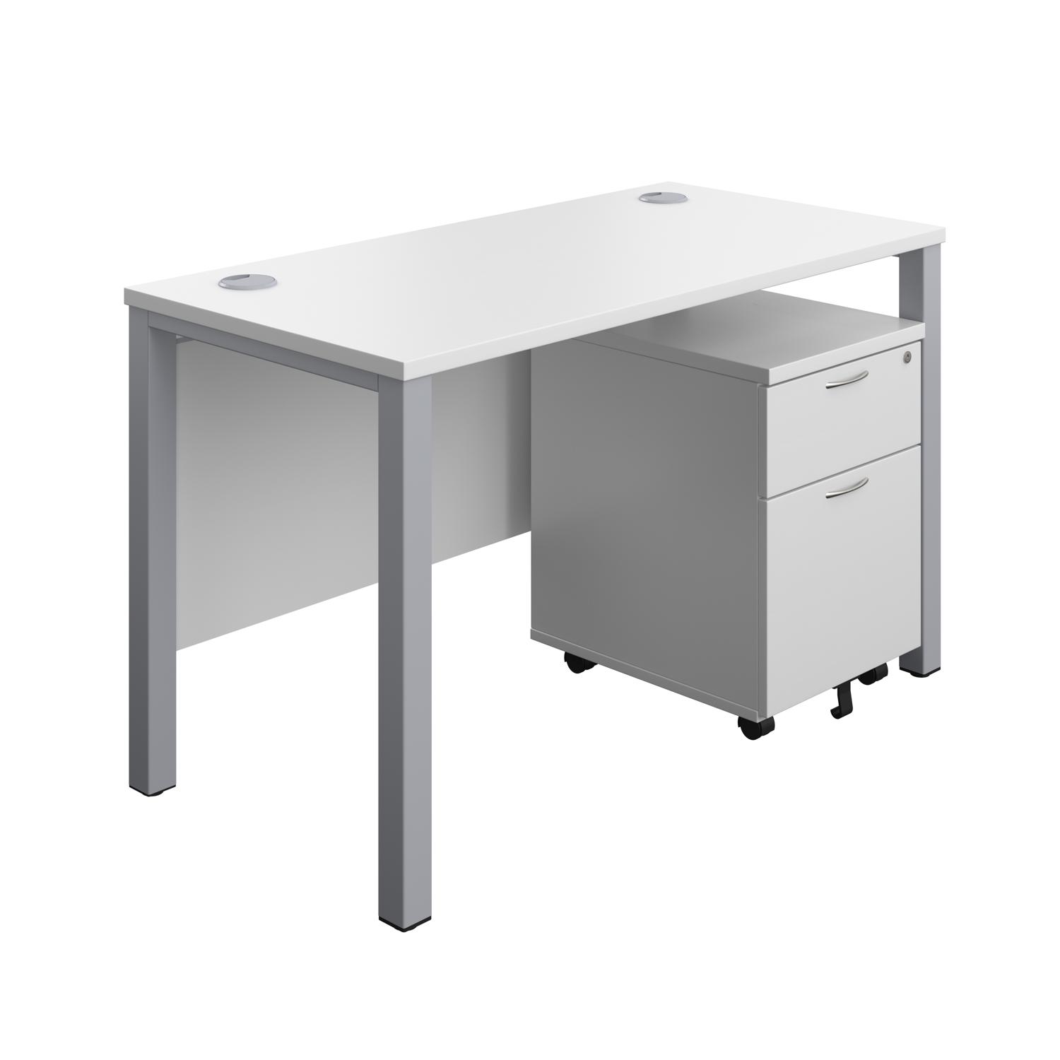Goal Post Rectangular Desk + 2 Drawer Mobile Pedestal  1200x600 White/Silver