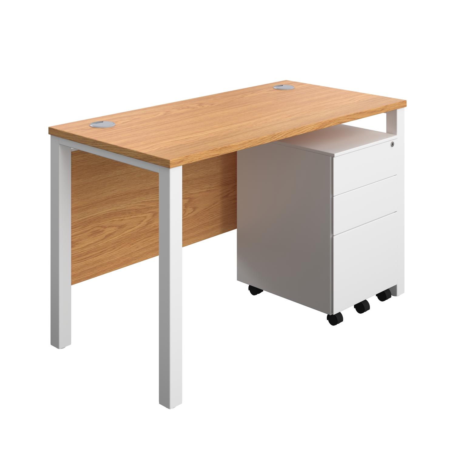 Goal Post Rectangular Desk + 3 Drawer Steel Pedestal  1200x600 Nova oak/White