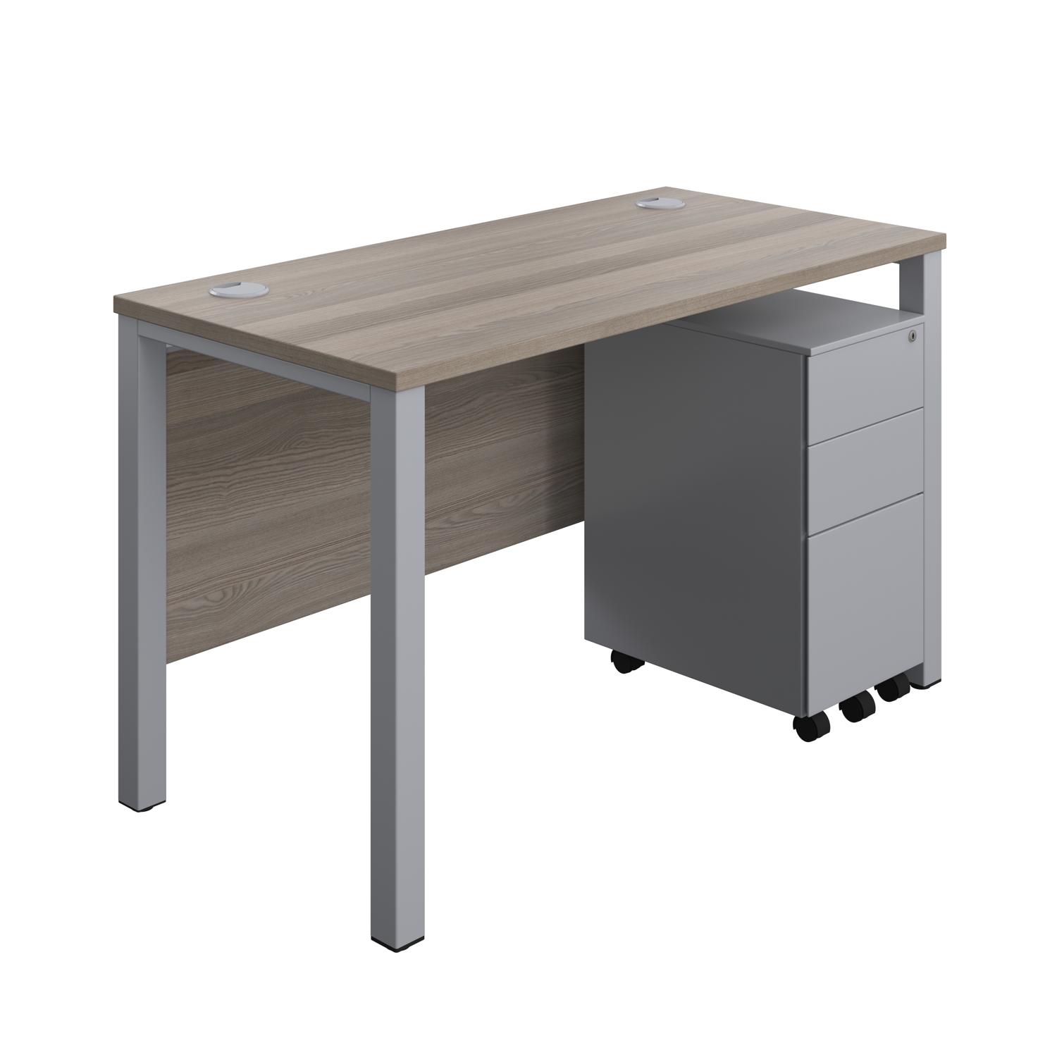 Goal Post Rectangular Desk + 3 Drawer Slimline Steel Pedestal  1200x600 Grey oak/Silver