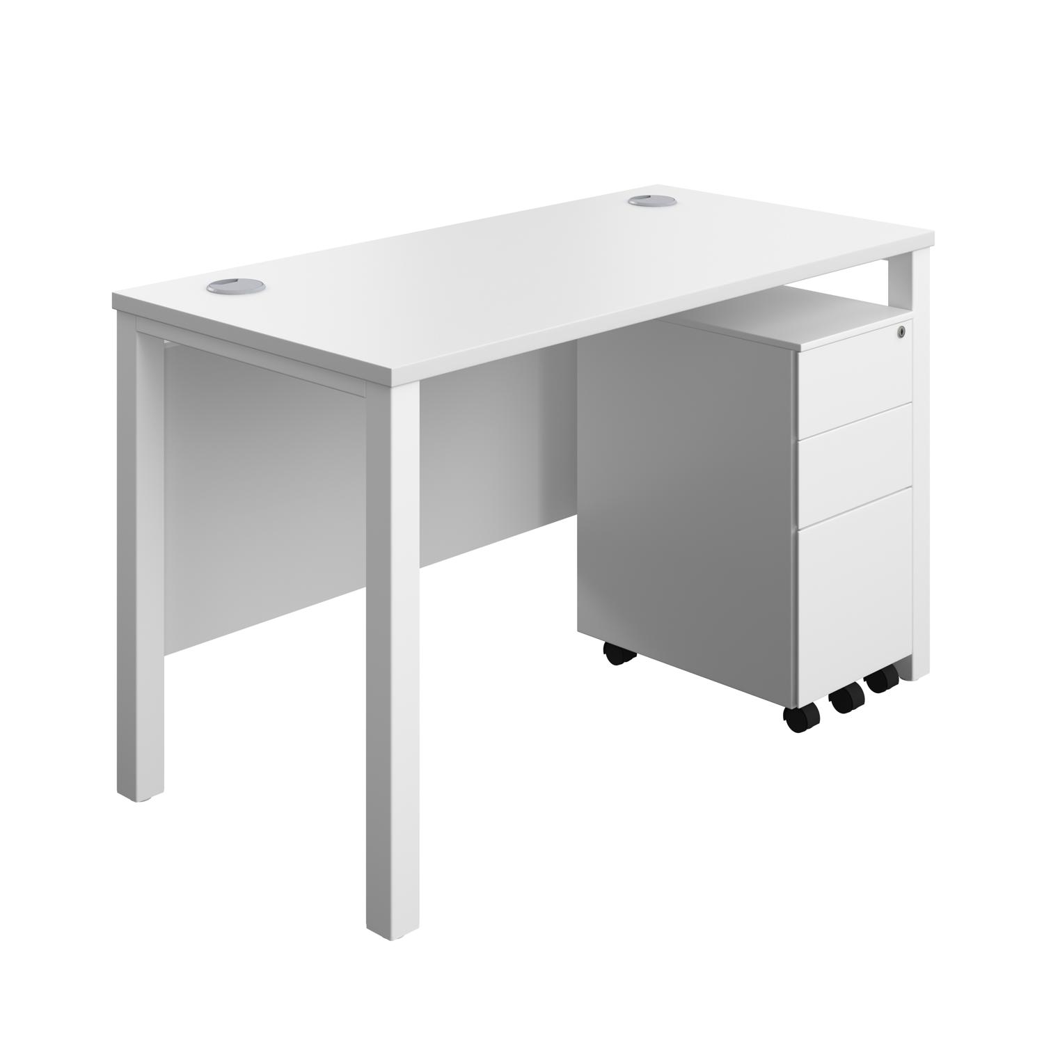 Goal Post Rectangular Desk + 3 Drawer Slimline Steel Pedestal  1200x600 White/White