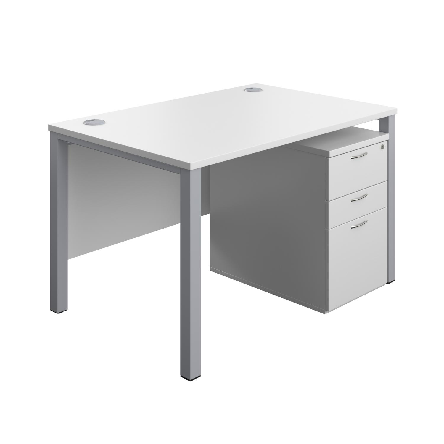 Goal Post Rectangular Desk + 3 Drawer High Mobile Pedestal  1200x800 White/Silver