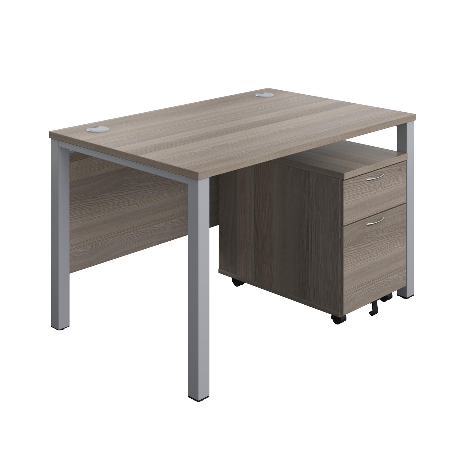 Goal Post Rectangular Desk + 2 Drawer Mobile Pedestal  1200x800 Grey oak/Silver