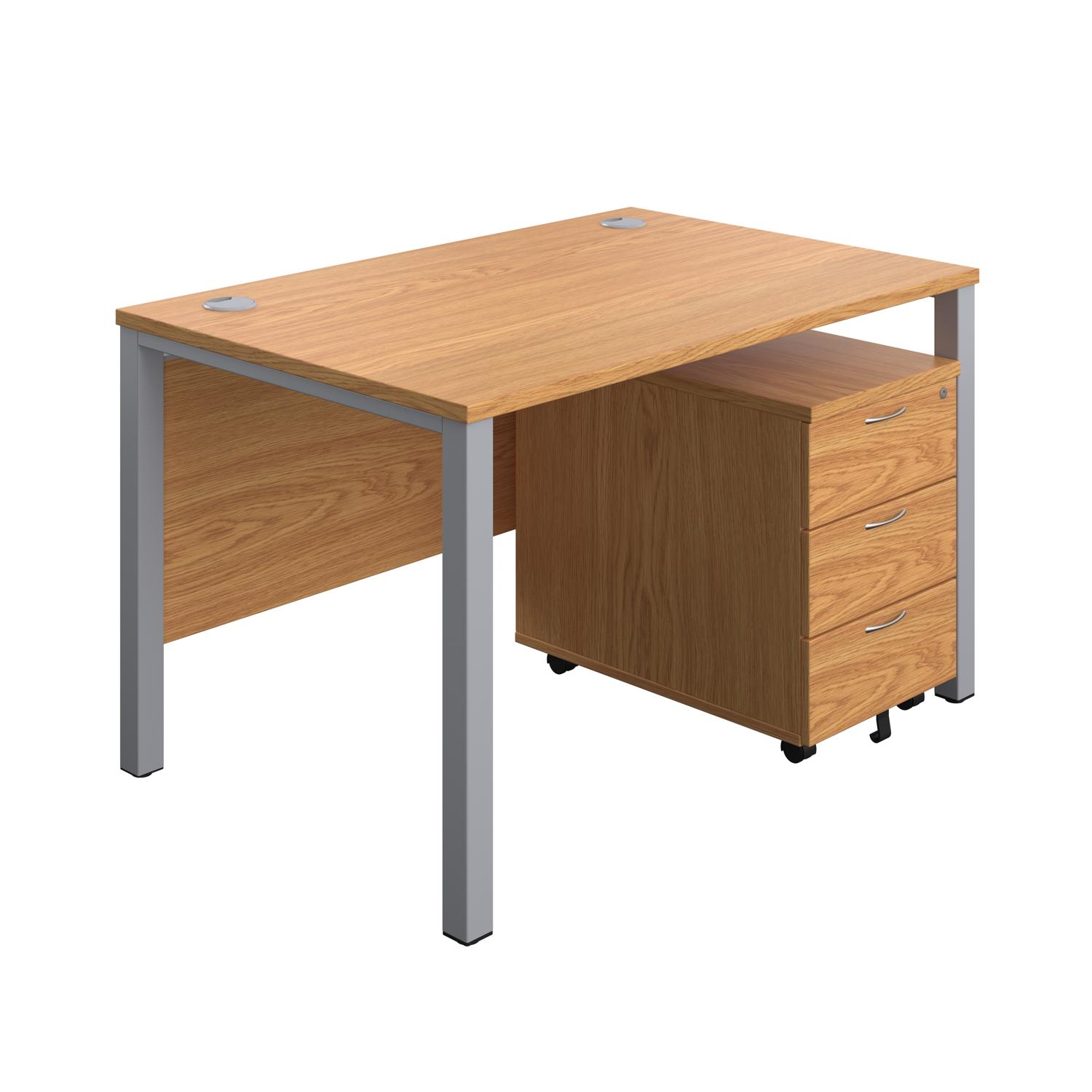 Goal Post Rectangular Desk + 3 Drawer Mobile Pedestal  1200x800 Nova oak/Silver