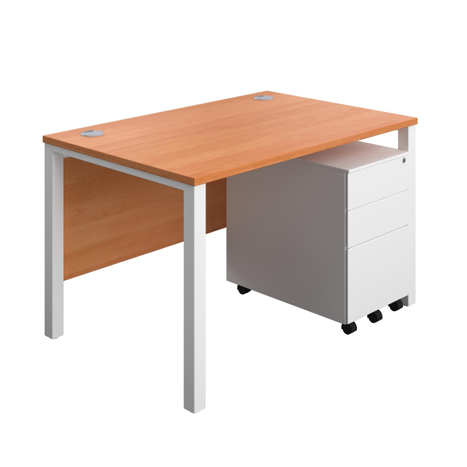 Goal Post Rectangular Desk + 3 Drawer Steel Pedestal  1200x800 Beech/White