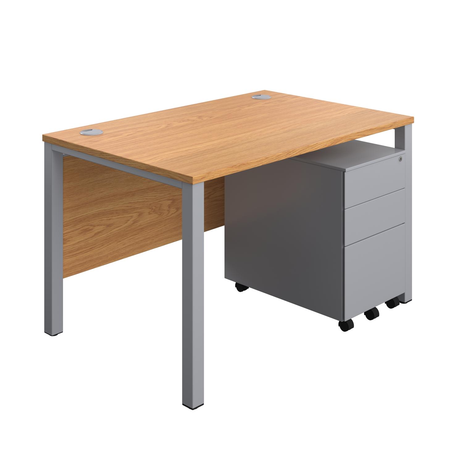 Goal Post Rectangular Desk + 3 Drawer Steel Pedestal  1200x800 Nova oak/Silver