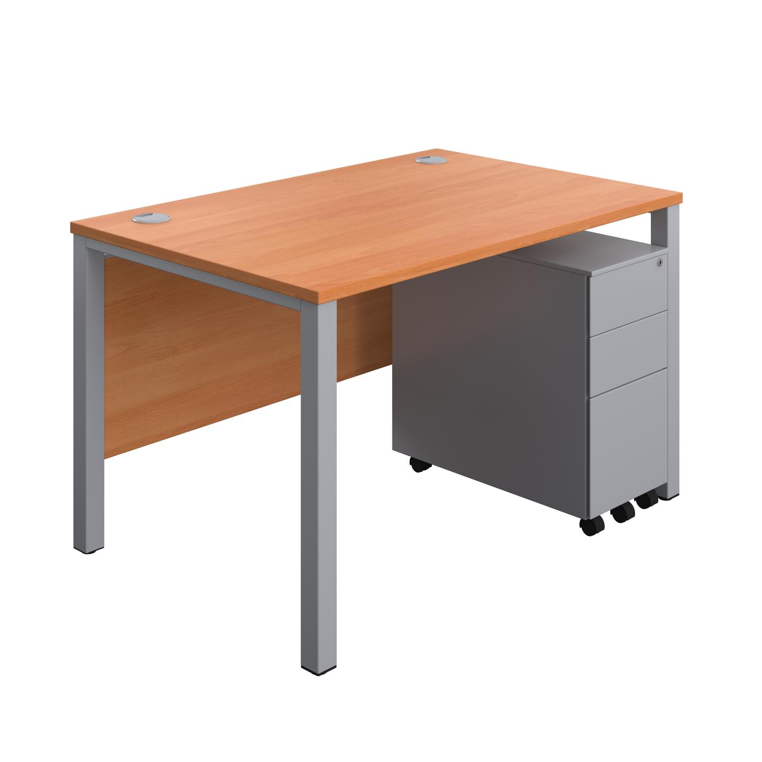 Goal Post Rectangular Desk + 3 Drawer Slimline Steel Pedestal  1200x800 Beech/Silver