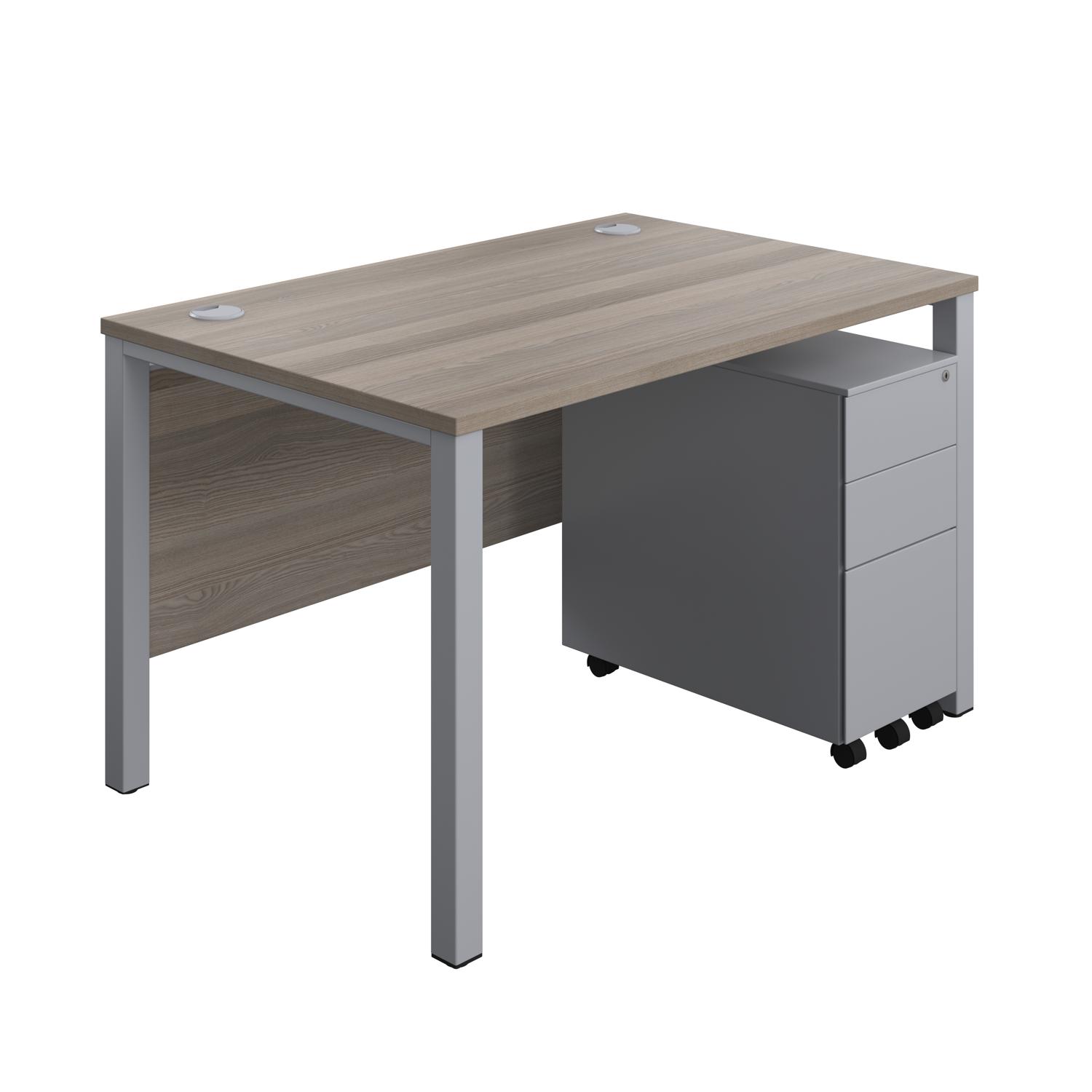 Goal Post Rectangular Desk + 3 Drawer Slimline Steel Pedestal  1200x800 Grey oak/Silver