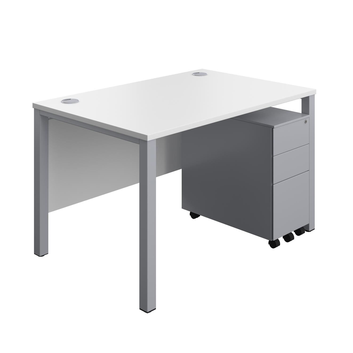 Goal Post Rectangular Desk + 3 Drawer Slimline Steel Pedestal  1200x800 White/Silver