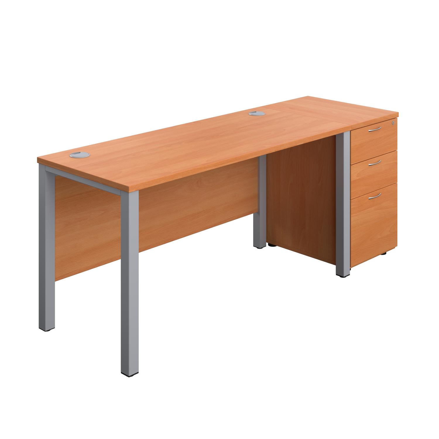 Goal Post Rectangular Desk + 3 Drawer Desk High Pedestal  1400x600 Beech/Silver