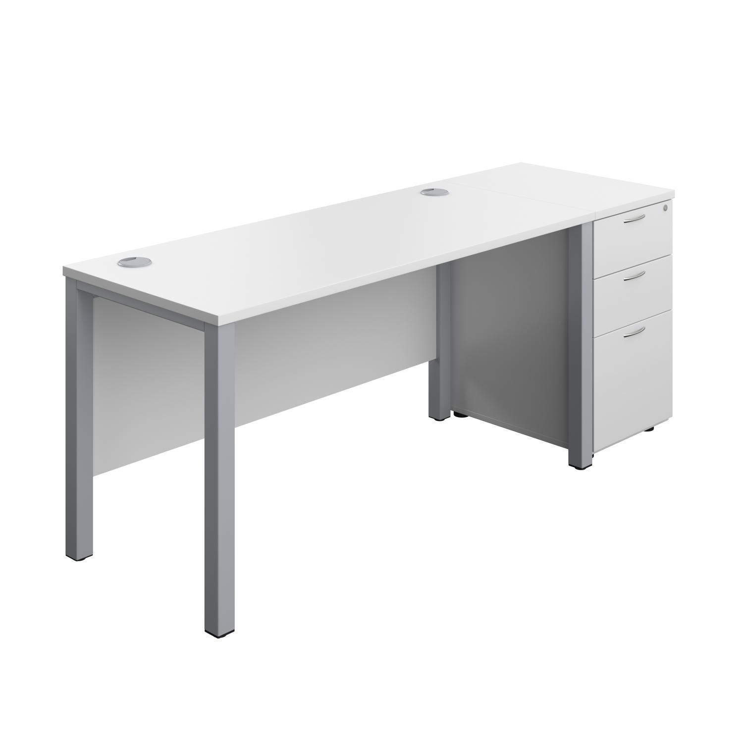Goal Post Rectangular Desk + 3 Drawer Desk High Pedestal  1400x600 White/Silver