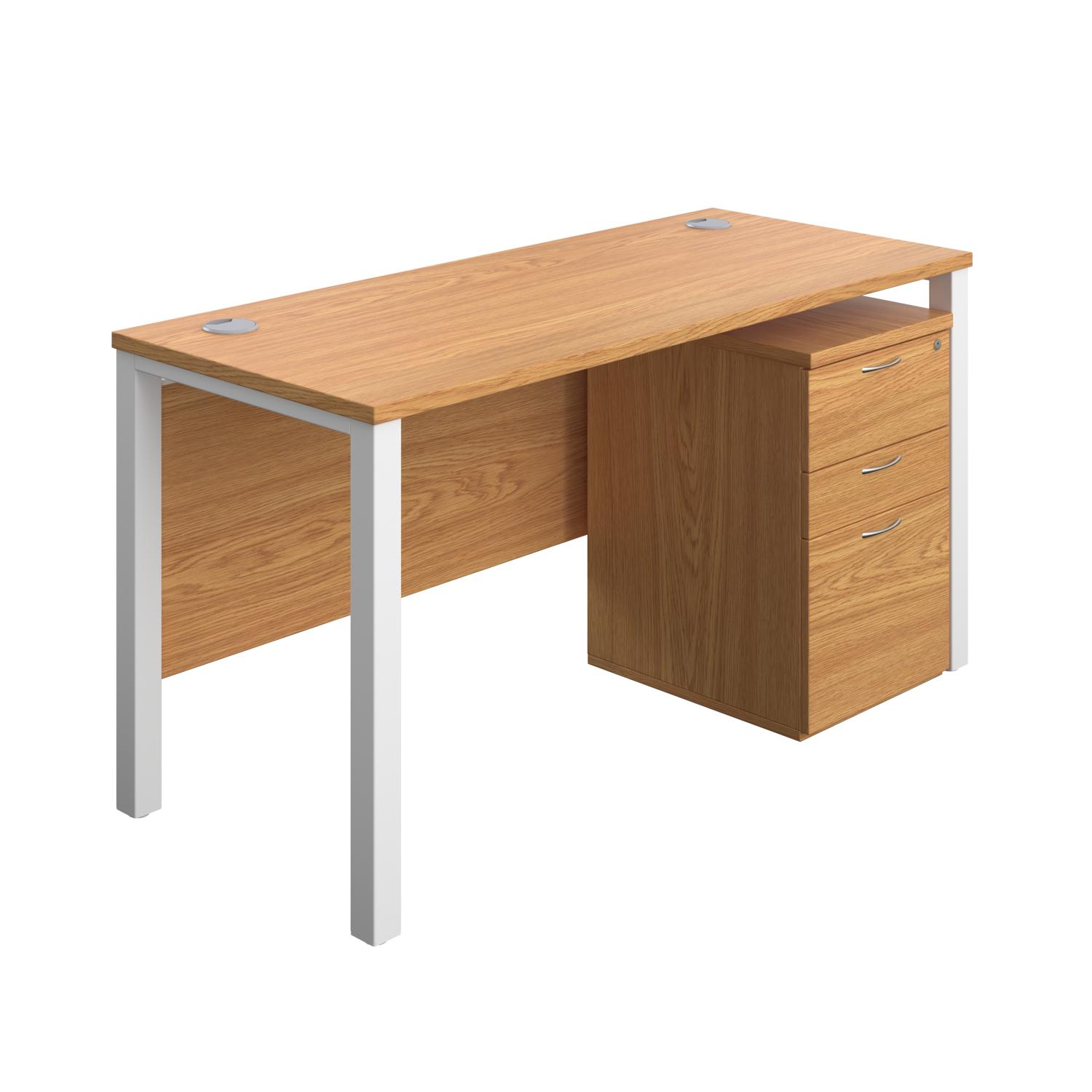 Goal Post Rectangular Desk + 3 Drawer High Mobile Pedestal  1400x600 Nova oak/White