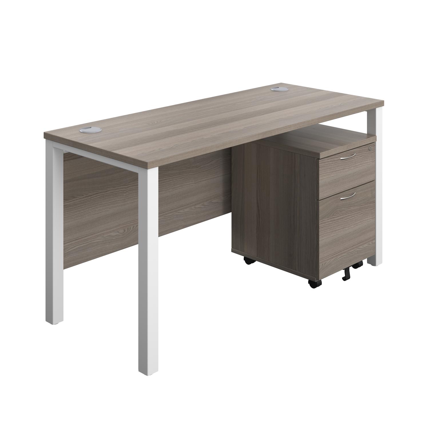 Goal Post Rectangular Desk + 2 Drawer Mobile Pedestal  1400x600 Grey oak/White
