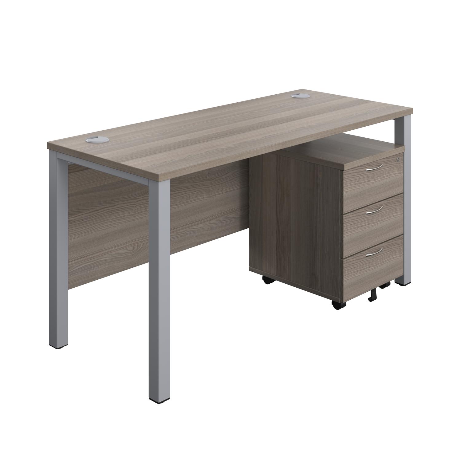Goal Post Rectangular Desk + 3 Drawer Mobile Pedestal  1400x600 Grey oak/Silver