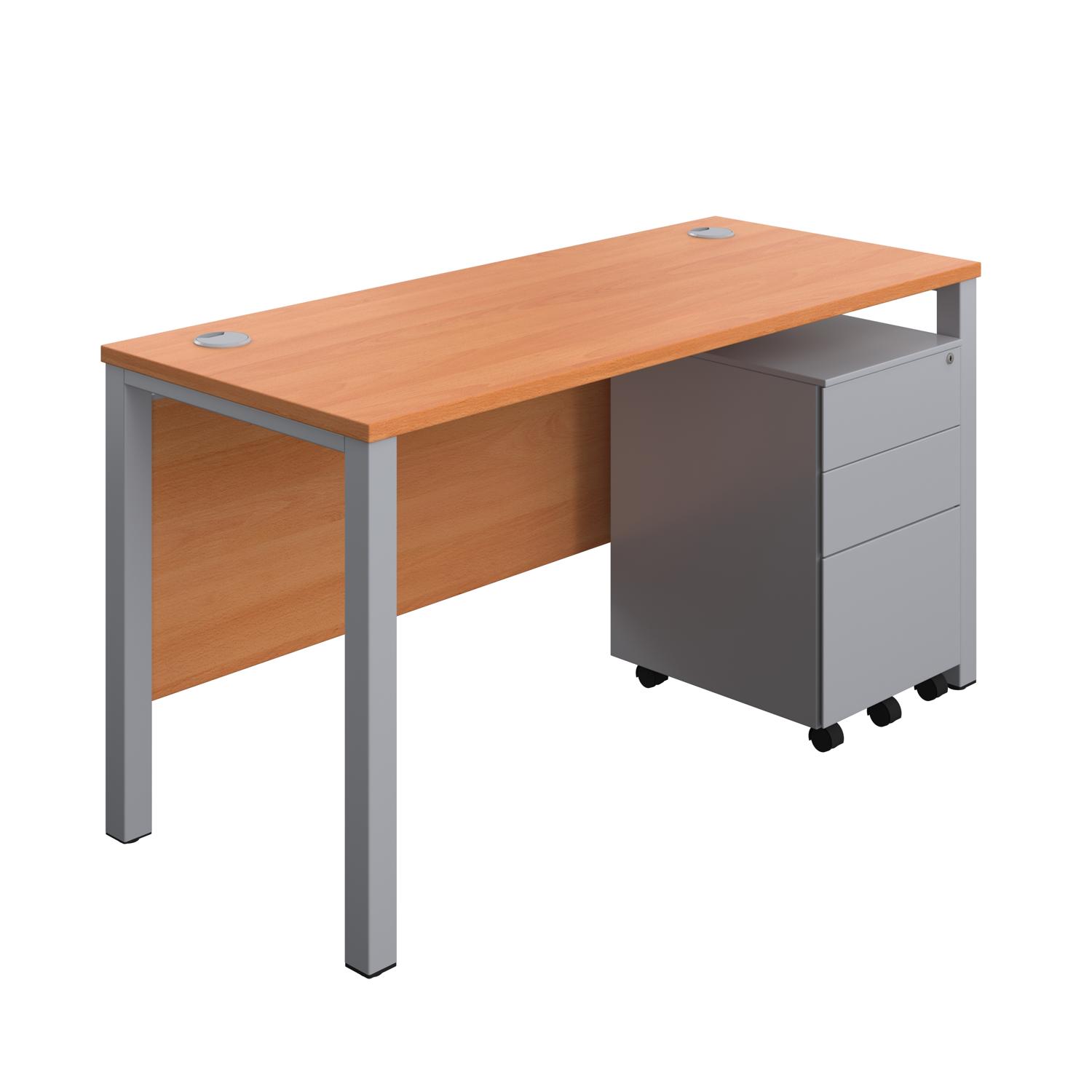 Goal Post Rectangular Desk + 3 Drawer Steel Pedestal  1400x600 Beech/Silver