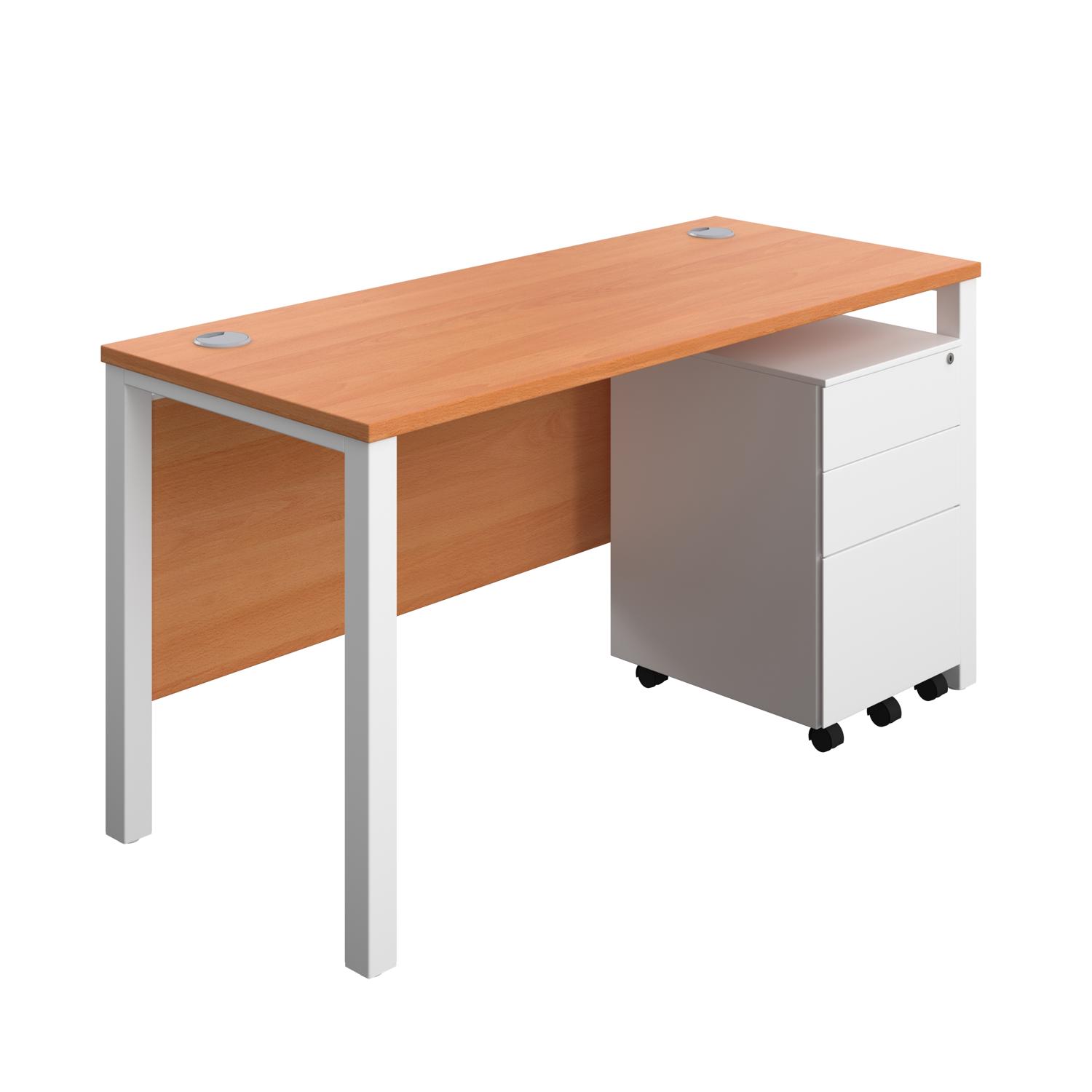 Goal Post Rectangular Desk + 3 Drawer Steel Pedestal  1400x600 Beech/White