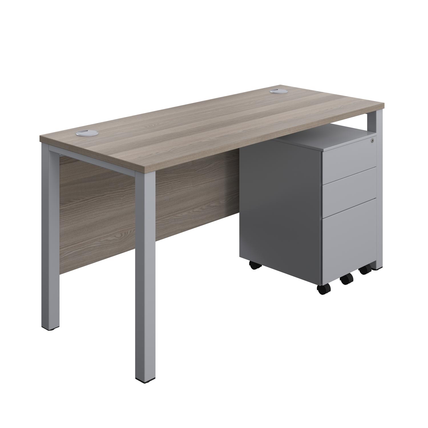Goal Post Rectangular Desk + 3 Drawer Steel Pedestal  1400x600 Grey oak/Silver