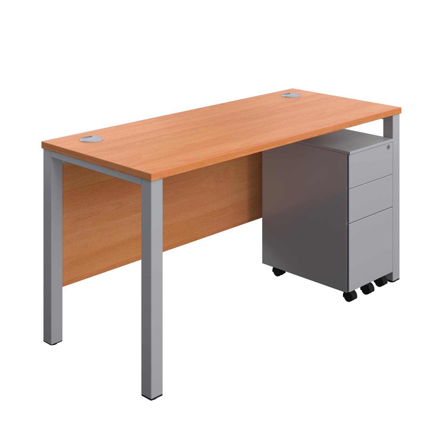 Goal Post Rectangular Desk + 3 Drawer Slimline Steel Pedestal  1400x600 Beech/Silver