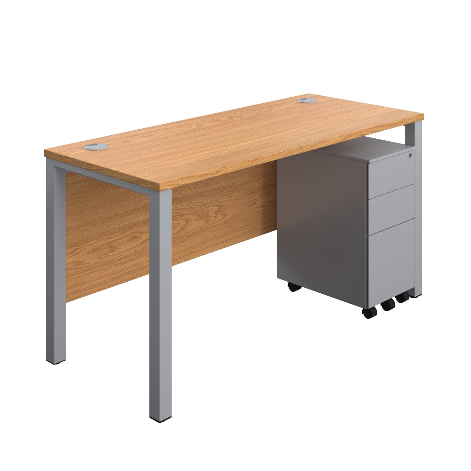 Goal Post Rectangular Desk + 3 Drawer Slimline Steel Pedestal  1400x600 Nova oak/Silver