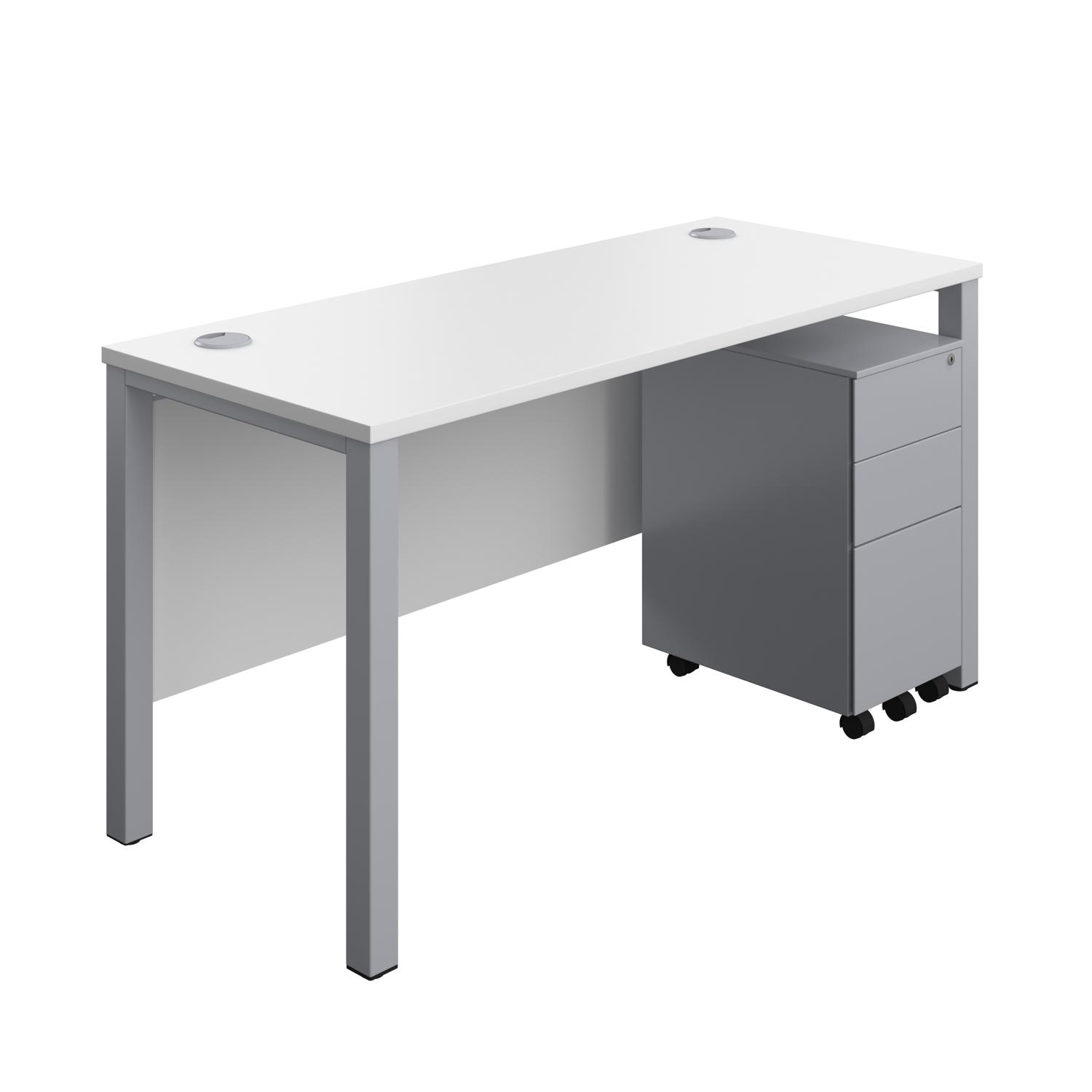 Goal Post Rectangular Desk + 3 Drawer Slimline Steel Pedestal  1400x600 White/Silver