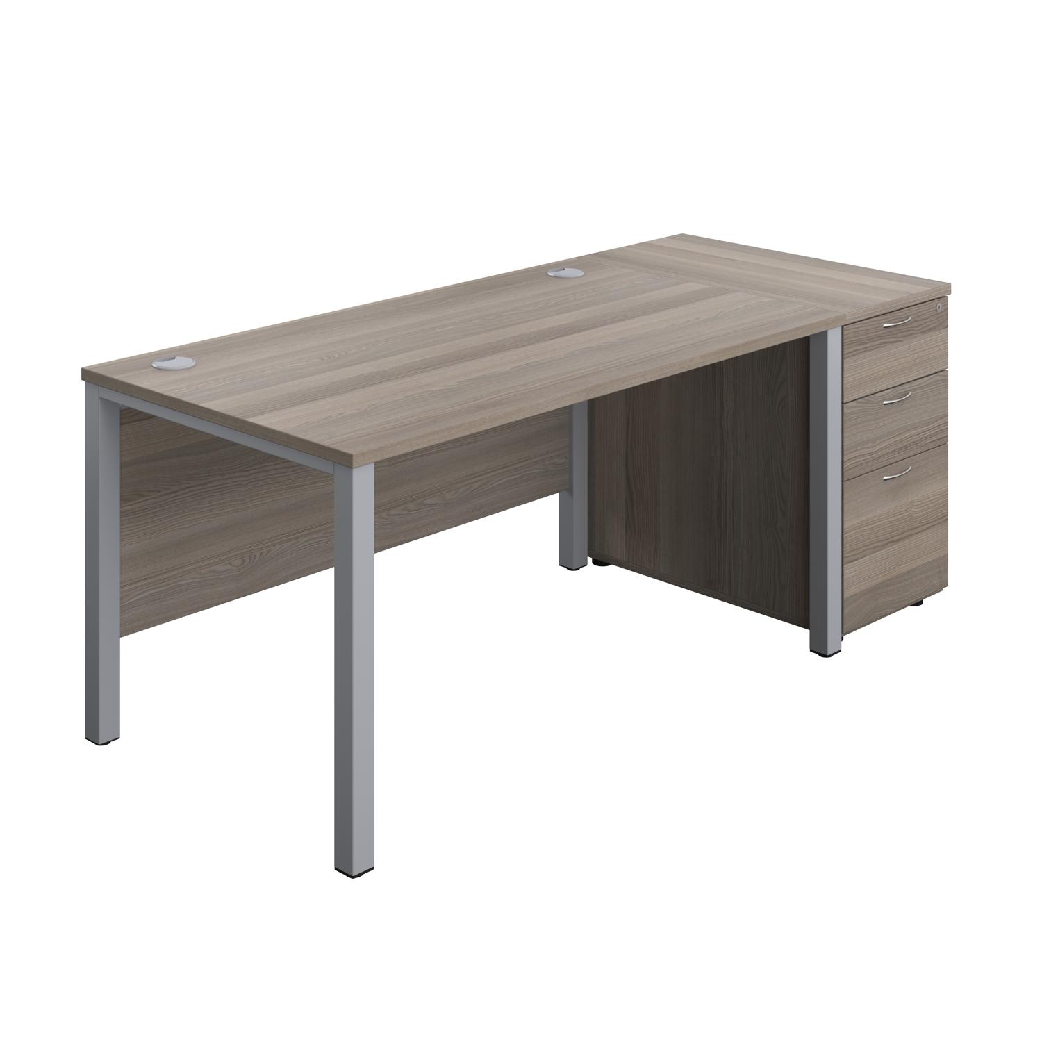 Goal Post Rectangular Desk + 3 Drawer Desk High Pedestal  1400x800 Grey oak/Silver