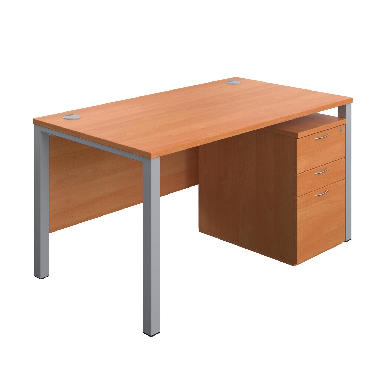 Goal Post Rectangular Desk + 3 Drawer High Mobile Pedestal  1400x800 Beech/Silver