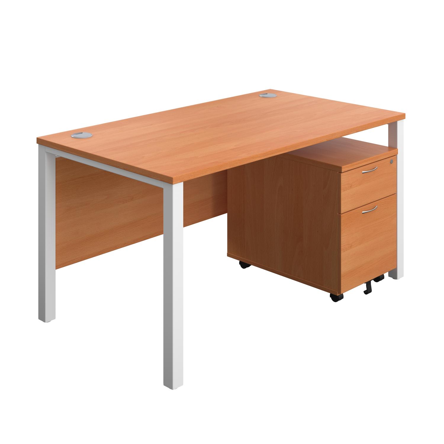 Goal Post Rectangular Desk + 2 Drawer Mobile Pedestal  1400x800 Beech/White